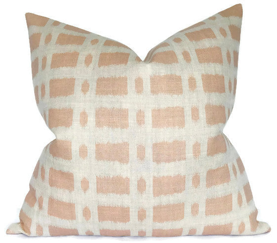 Townline Pillow Cover in Pink with Schumacher printed front and ivory linen backing, arranged on a neutral chair.