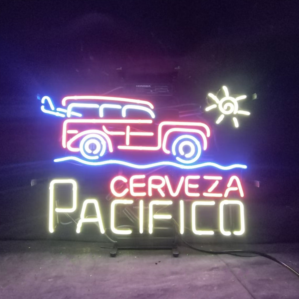 Truck Car Cerveza Pacifico Beer neon sign light showing a detailed neon truck motif with glowing yellow and blue colors on a metal grid backing