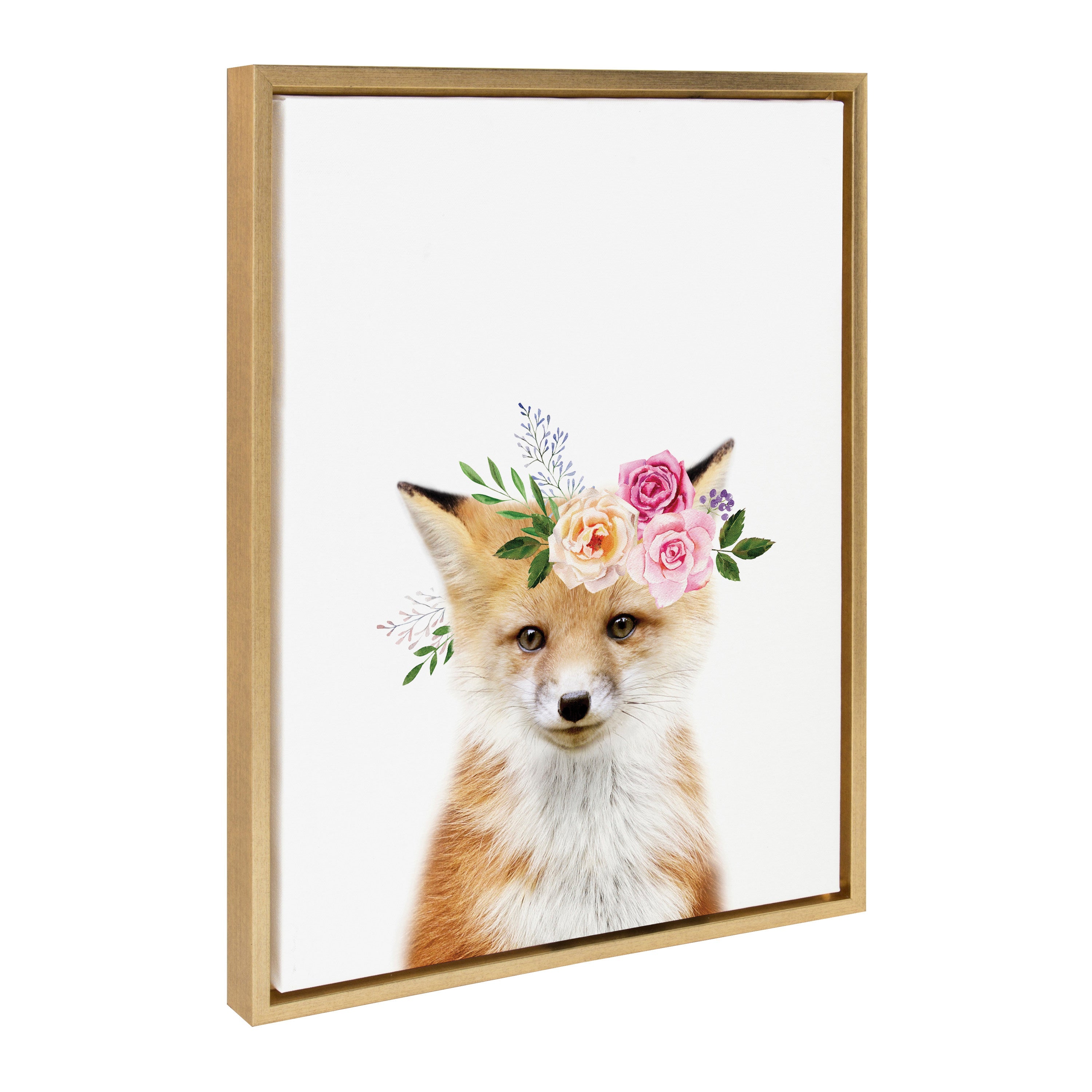 Sylvie Flower Crown Fox Framed Canvas showing a fox portrait with a crown of flowers, framed in a light-colored frame.