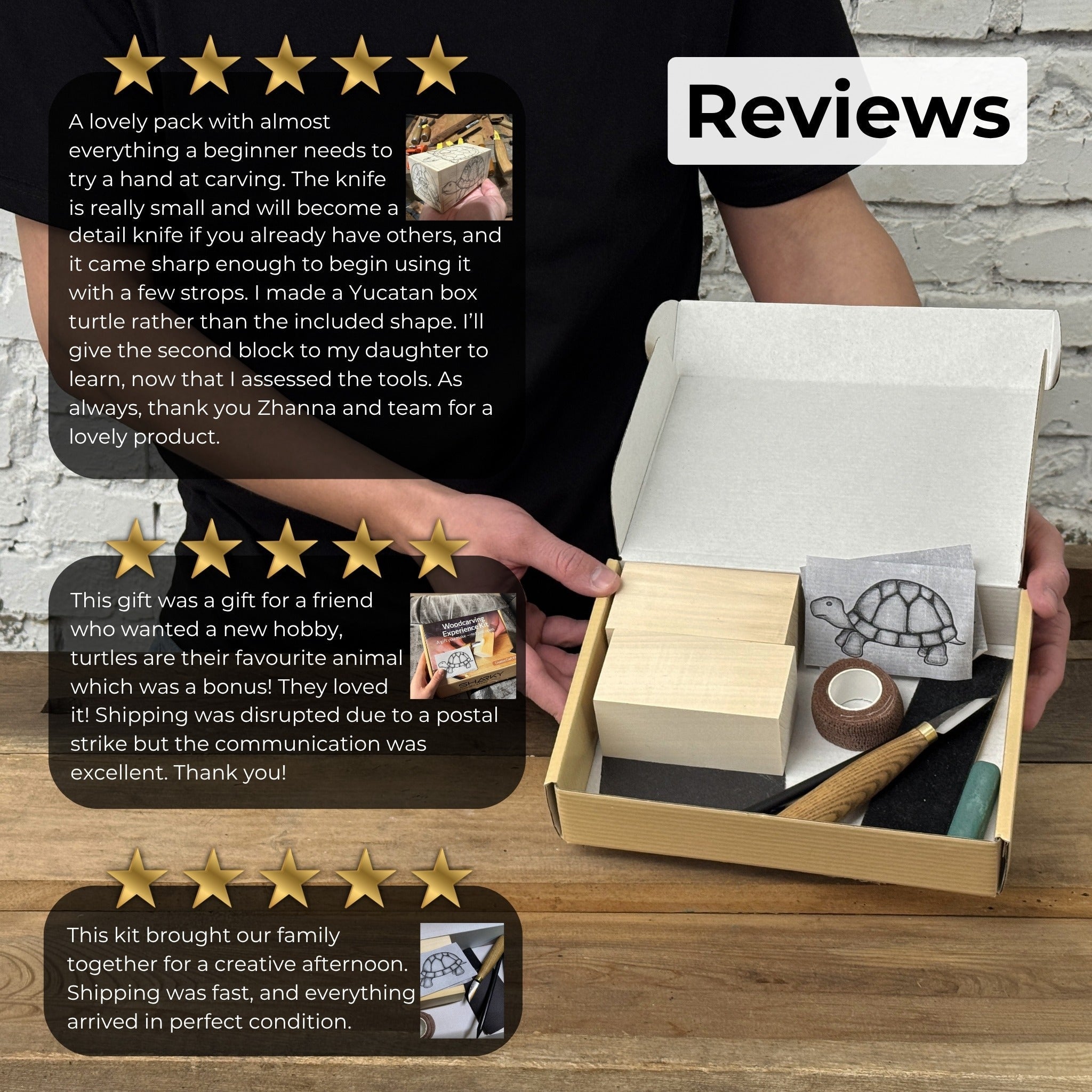 Turtle Carving Kit with knife, wooden blocks, sandpaper, sharpening board, pencil, and turtle drawing