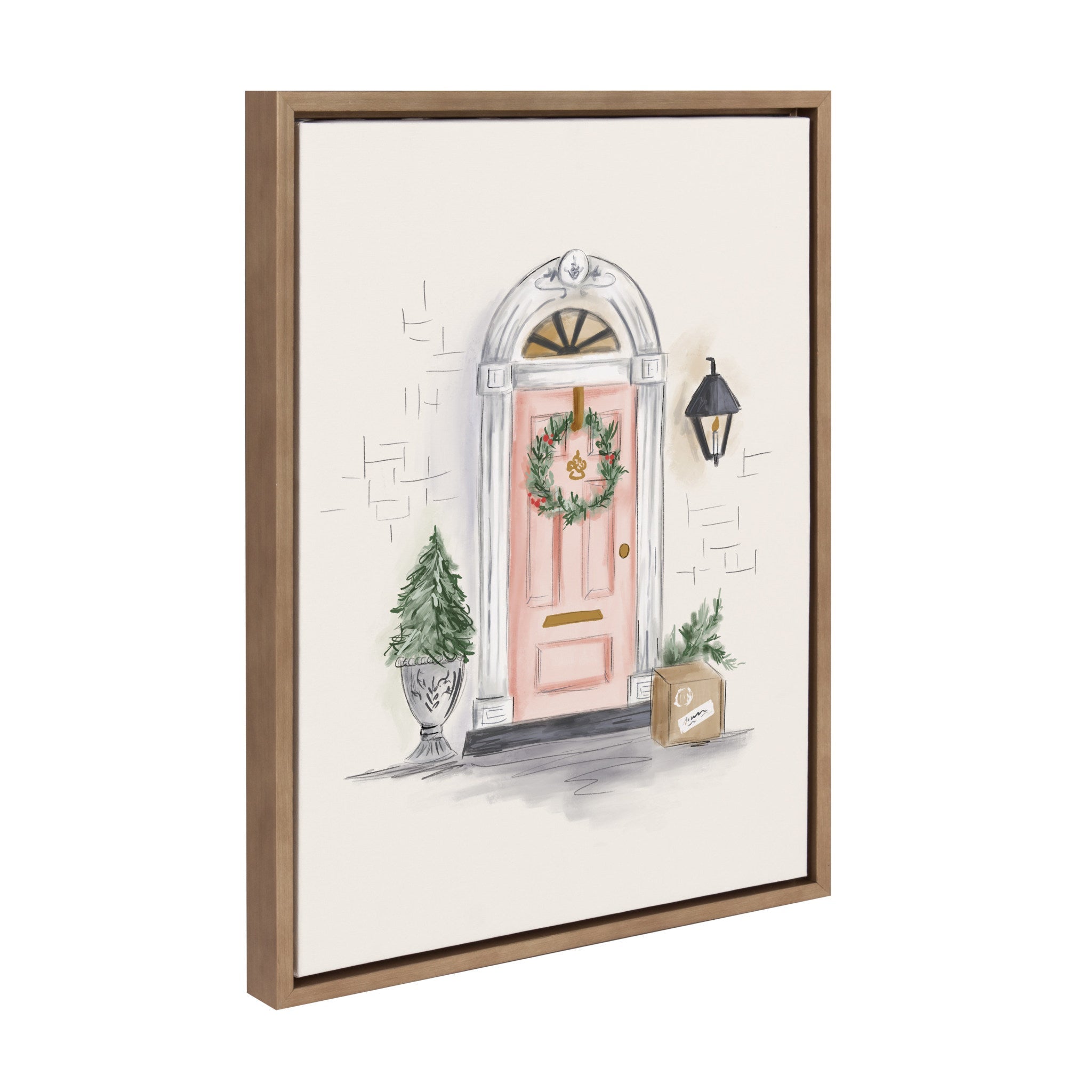 Framed canvas showing a soft Christmas door scene with greenery and muted red ribbons in a gold frame