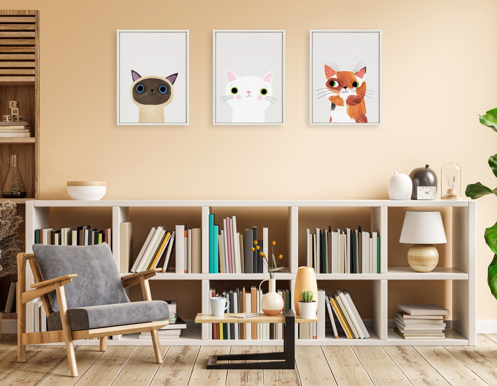 Sylvie White Cat with Green Eyes Framed Canvas by Planet Cat
