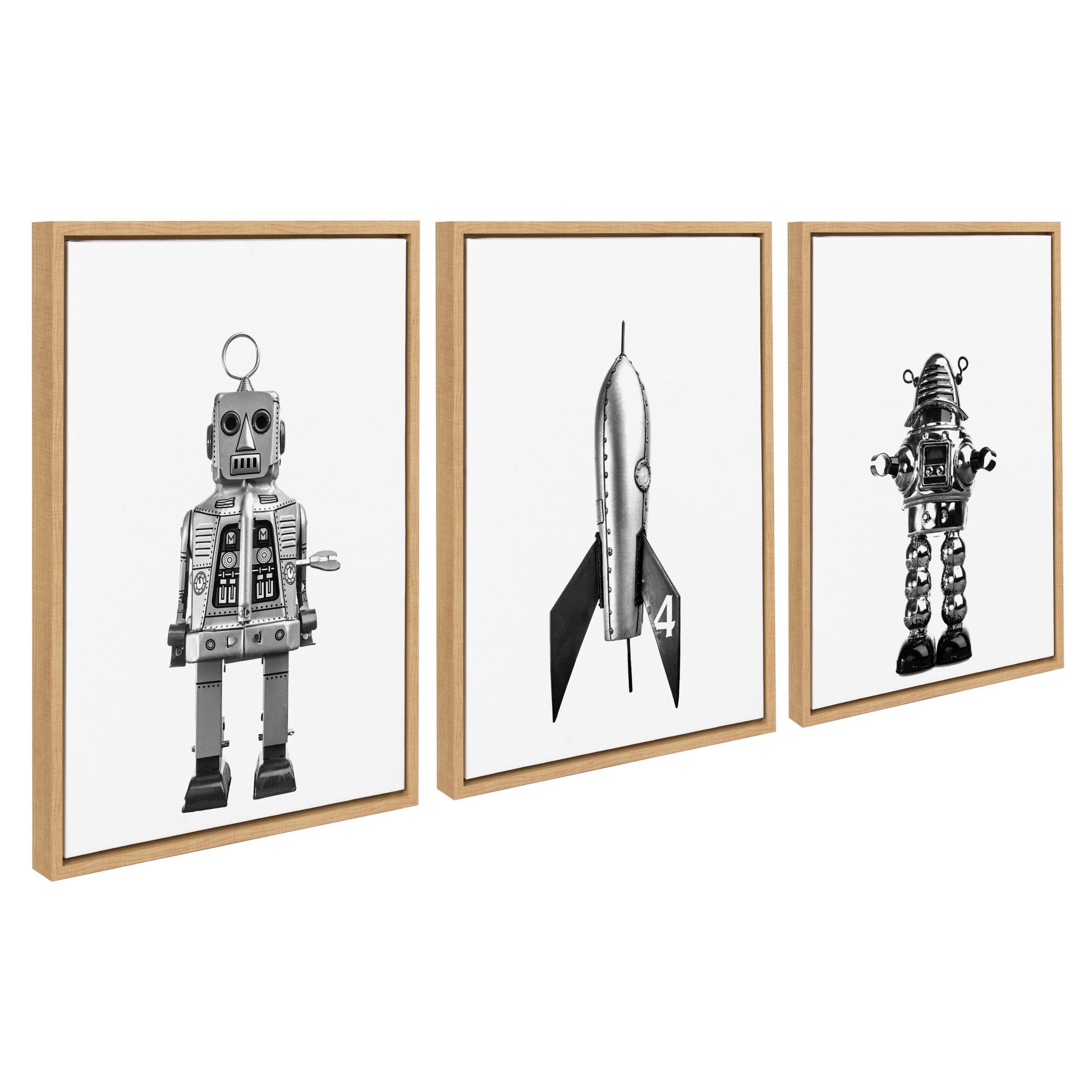Sylvie Sparky Space Robot, No 4 Rocket and Robbey Robot framed black and white canvas art set