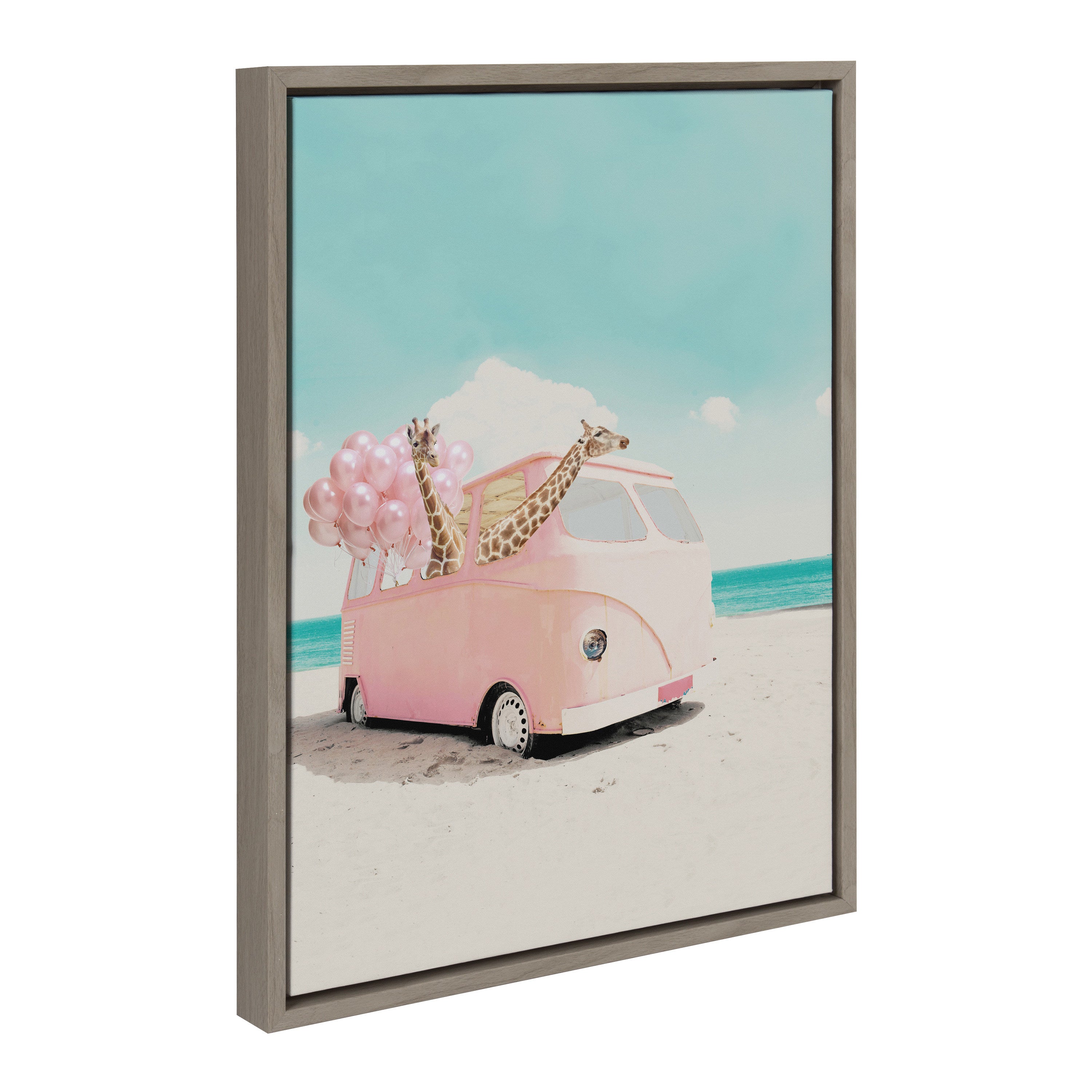Sylvie Pink Van framed canvas art showing a giraffe in a pink van at the beach