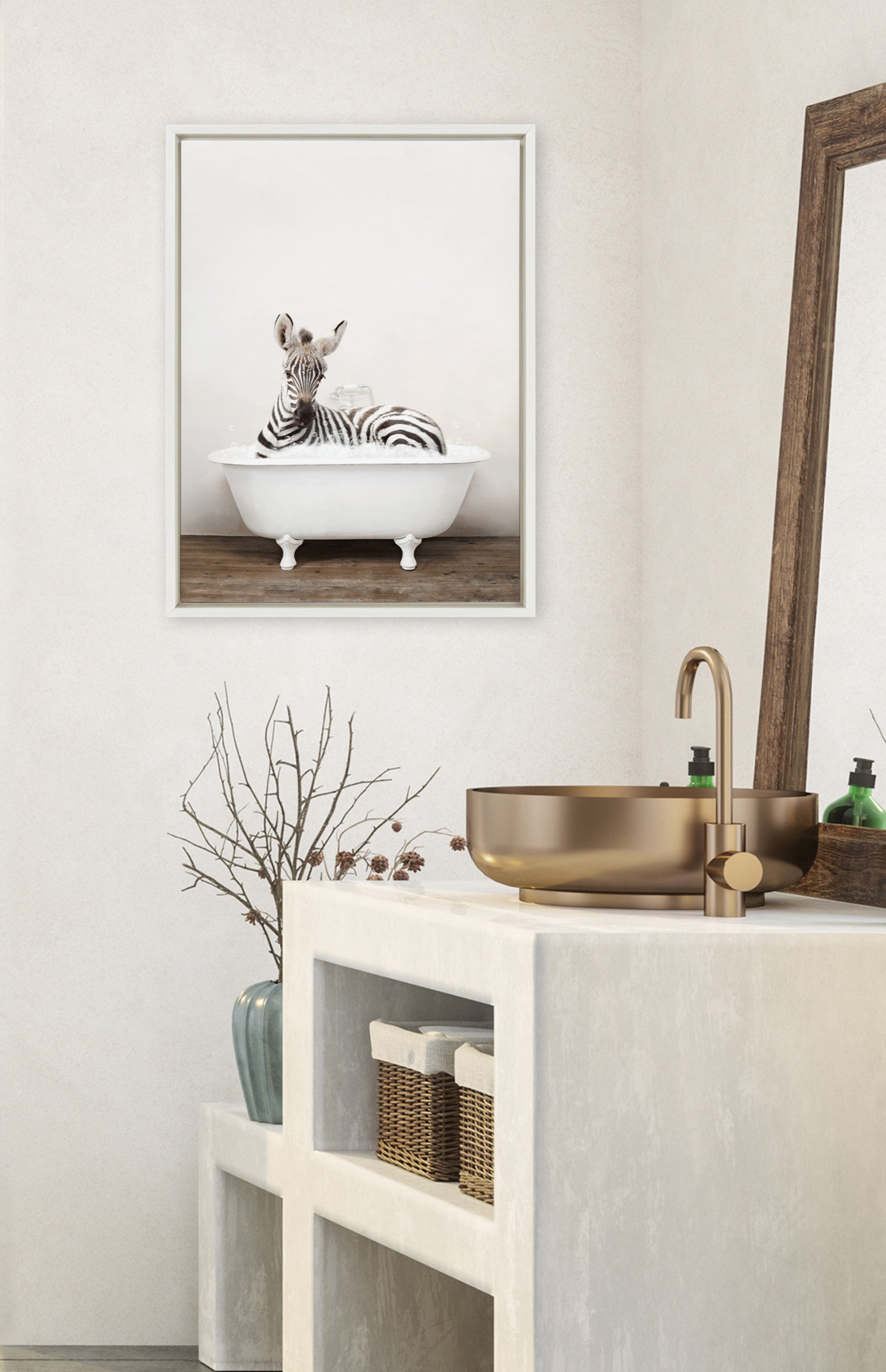 Sylvie Baby Zebra in Rustic Bath Framed Canvas by kateandlaurel - product image 4 for Resin Society