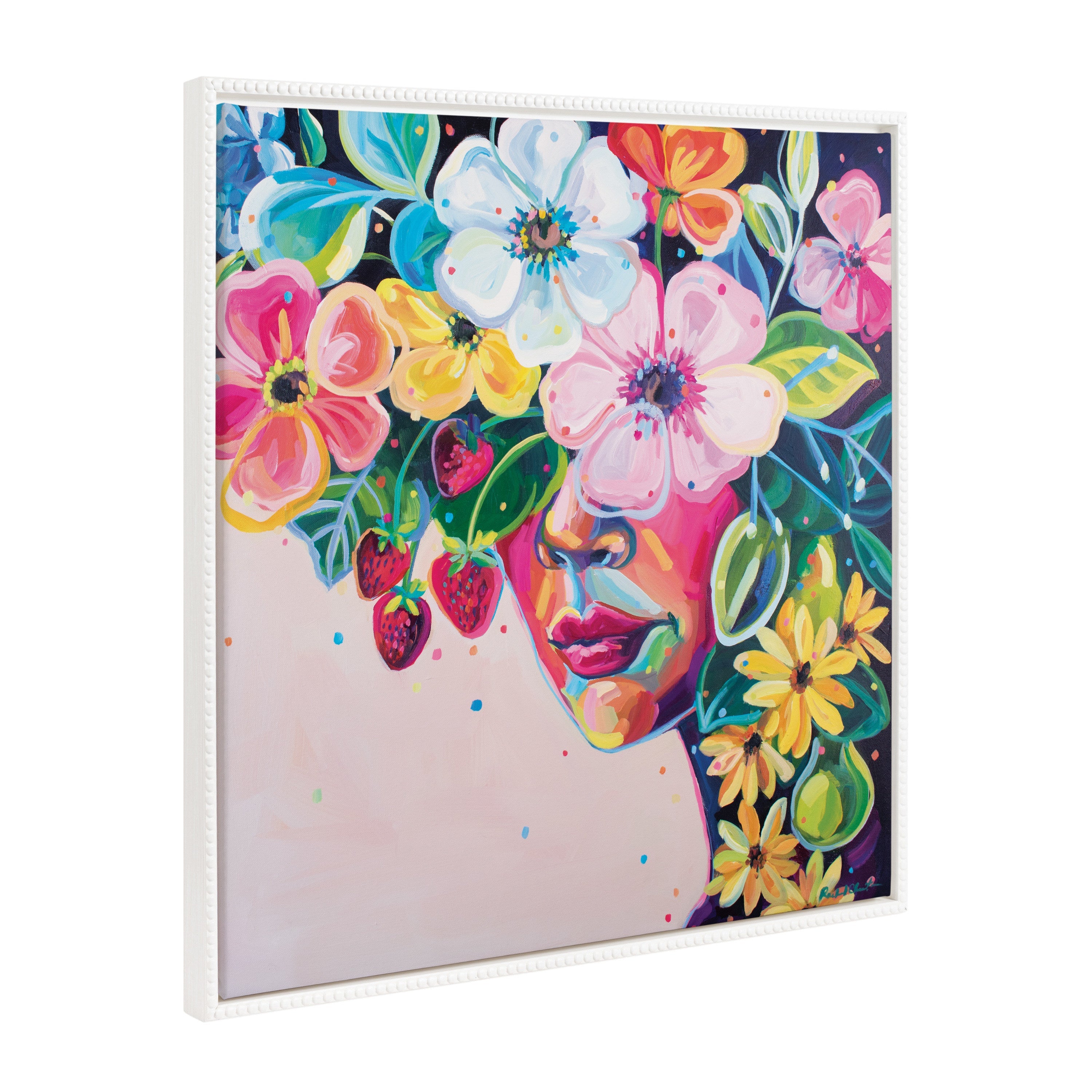 Sylvie Beaded She Was Thoughtful and Kind framed canvas art showing colorful flower crown and text