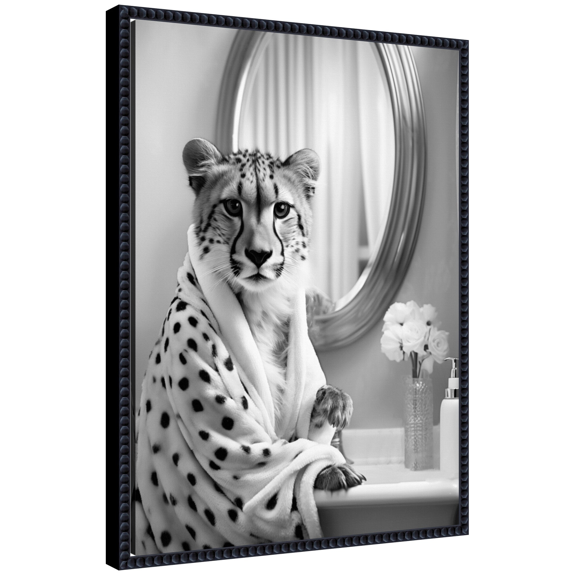 Sylvie Cheetah Glam Bathroom Towel Robe Black and White Framed Canvas