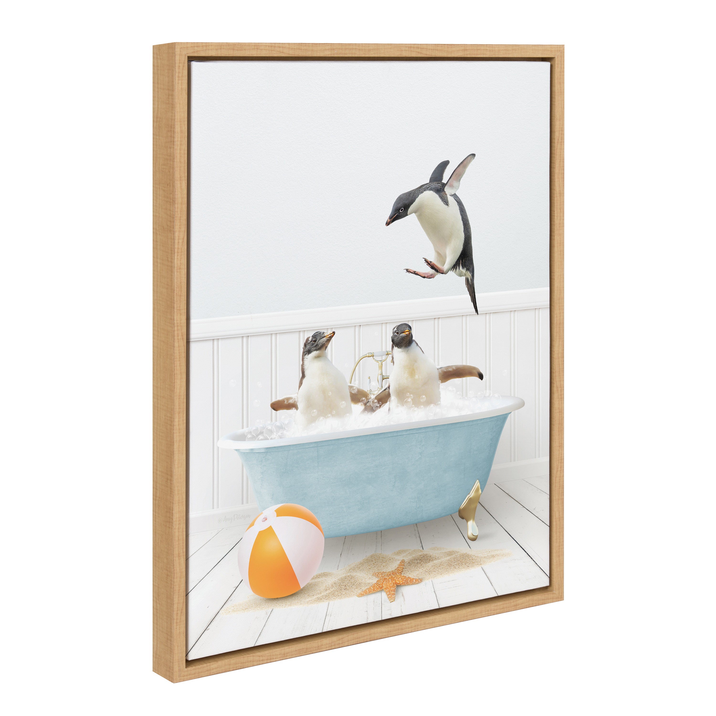 Sylvie Three Penguins Beach House Bath Framed Canvas by Amy Peterson