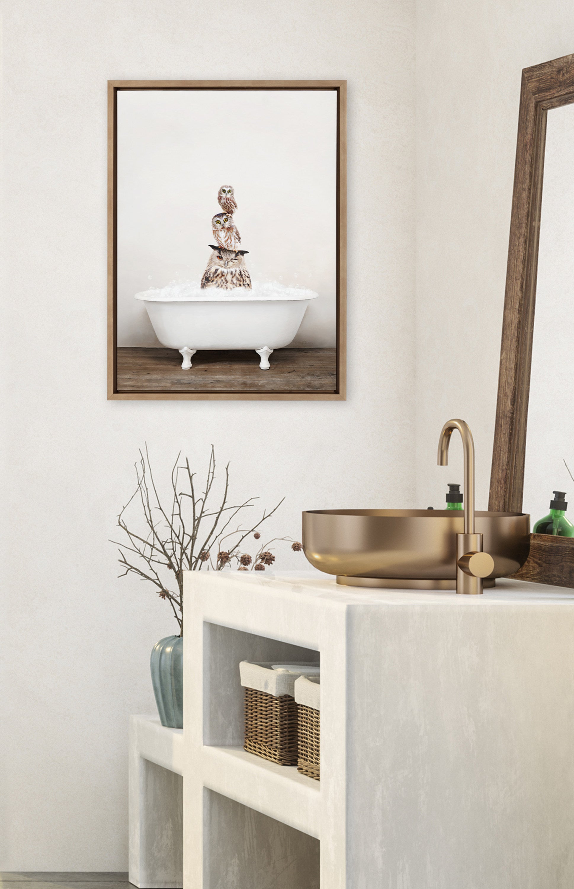 Sylvie Stacked Owls in Rustic Bath Framed Canvas by kateandlaurel - product image 10 for Resin Society