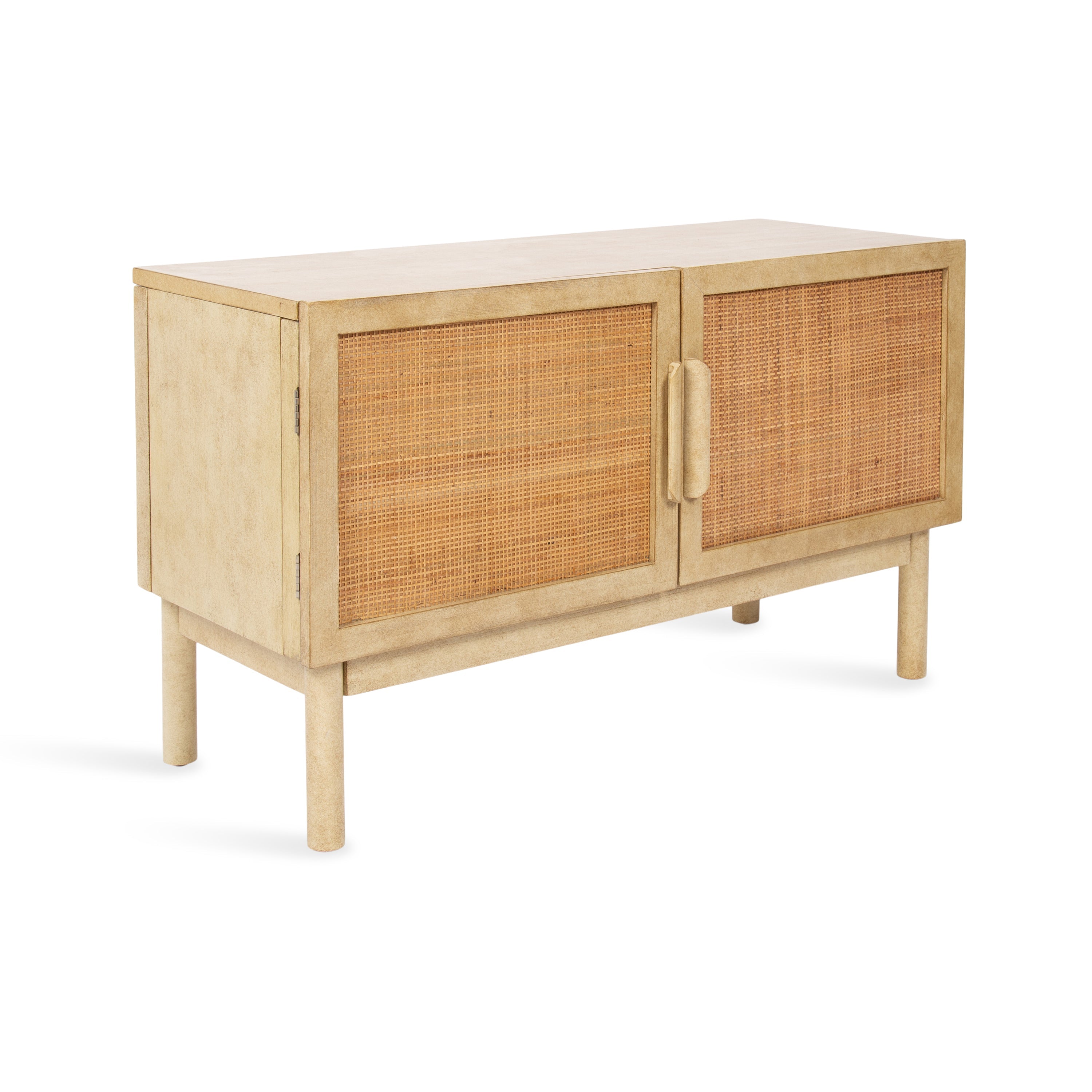 Ori Rattan Console Floor Cabinet showing wood veneer structure, cane rattan doors, and magnetic closures