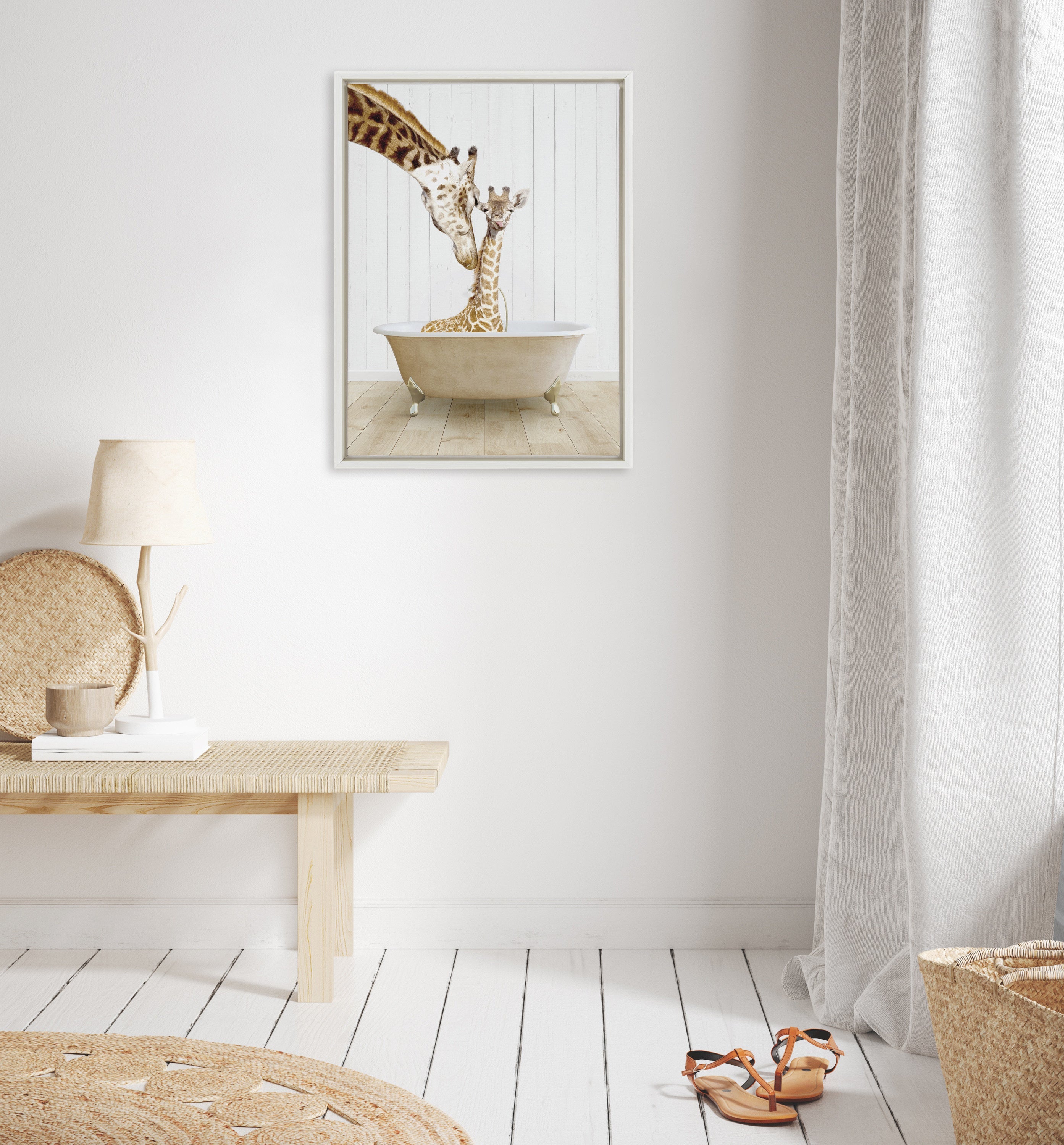 Sylvie Mother and Baby Giraffe Farmhouse Bath Framed Canvas by kateandlaurel - product image 10 for Resin Society