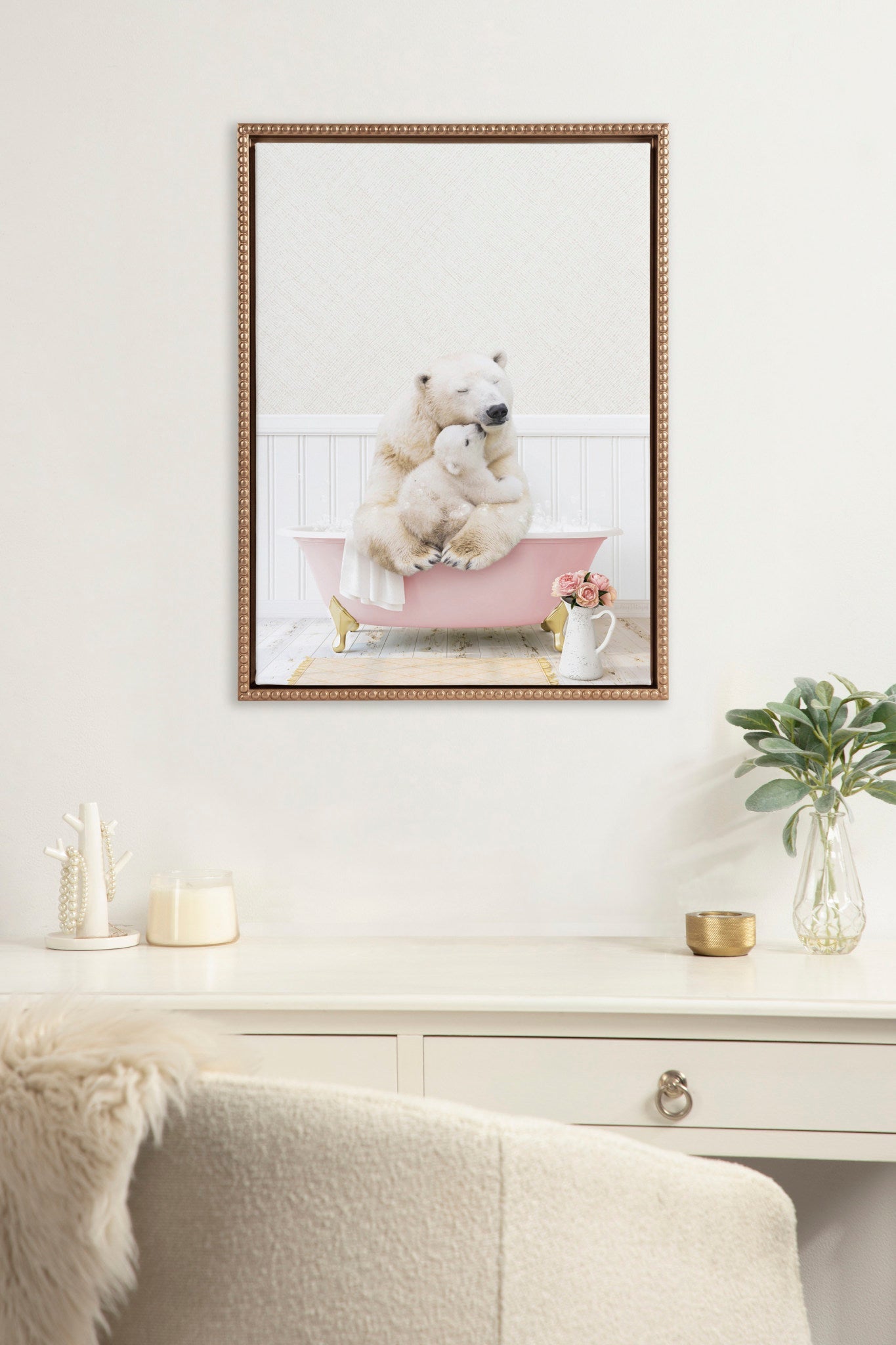 Sylvie Beaded Mother and Baby Polar Bear in Cottage Rose Bath Framed Canvas by Amy Peterson
