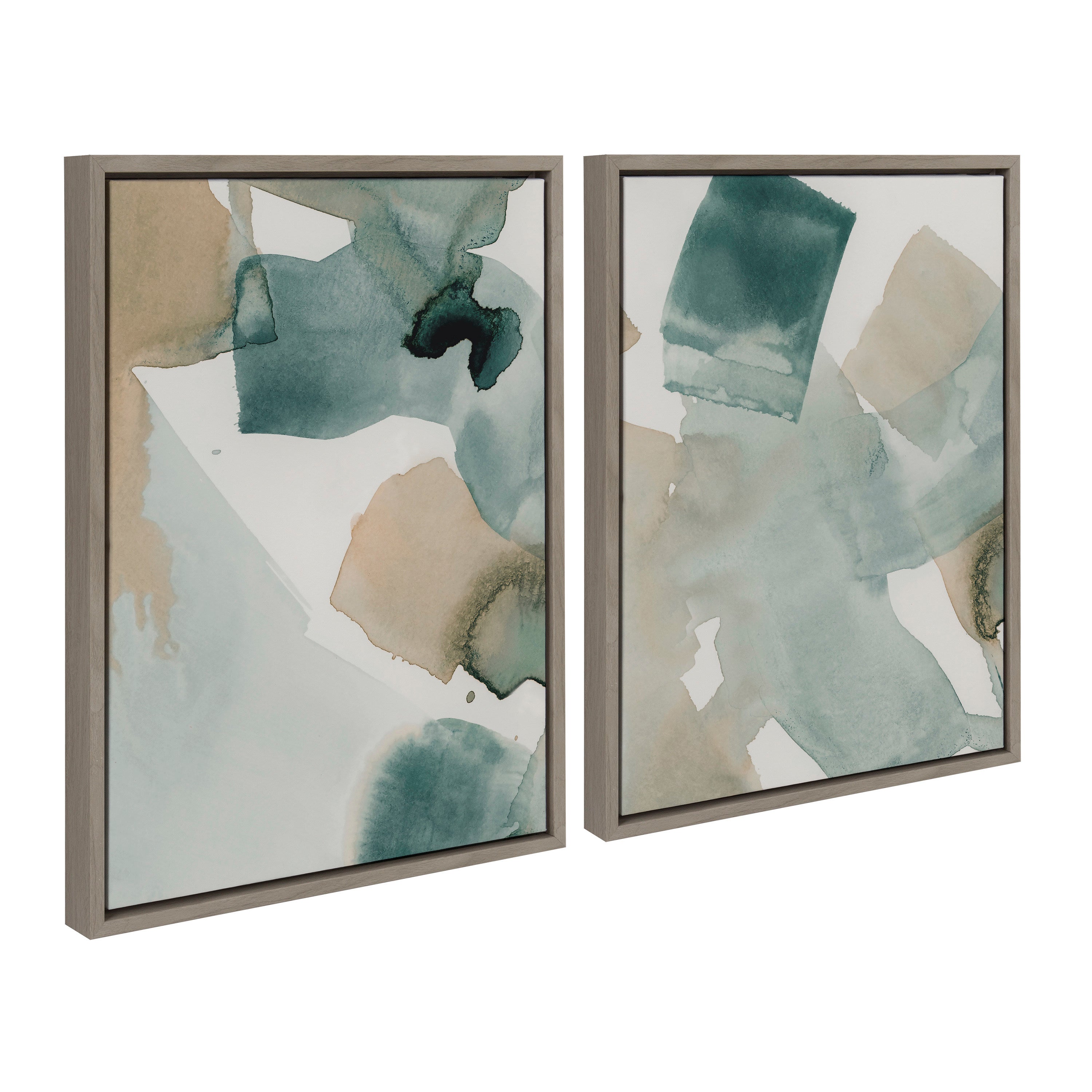 Two framed watercolor canvas prints titled Color Exploration I and II by Amy Lighthall, featuring soft gold and gray tones in lightweight polystyrene frames displayed on a neutral wall.