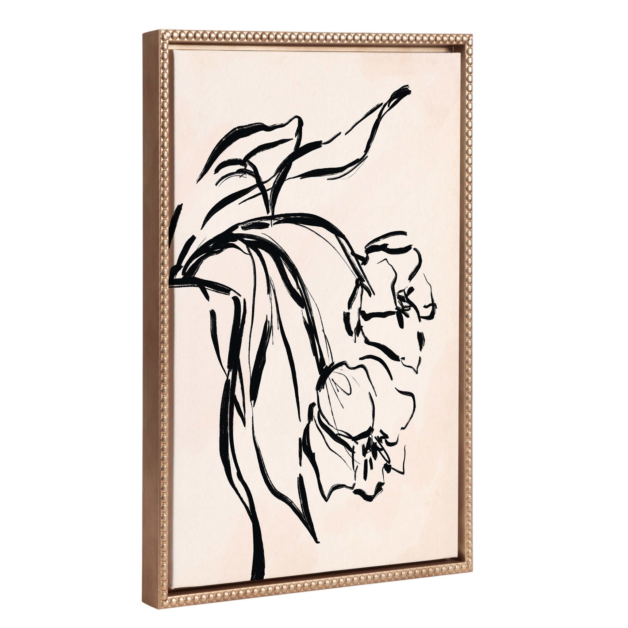 Sylvie Beaded LV Floral 3 framed canvas with black floral sketch art and vintage beaded gold frame