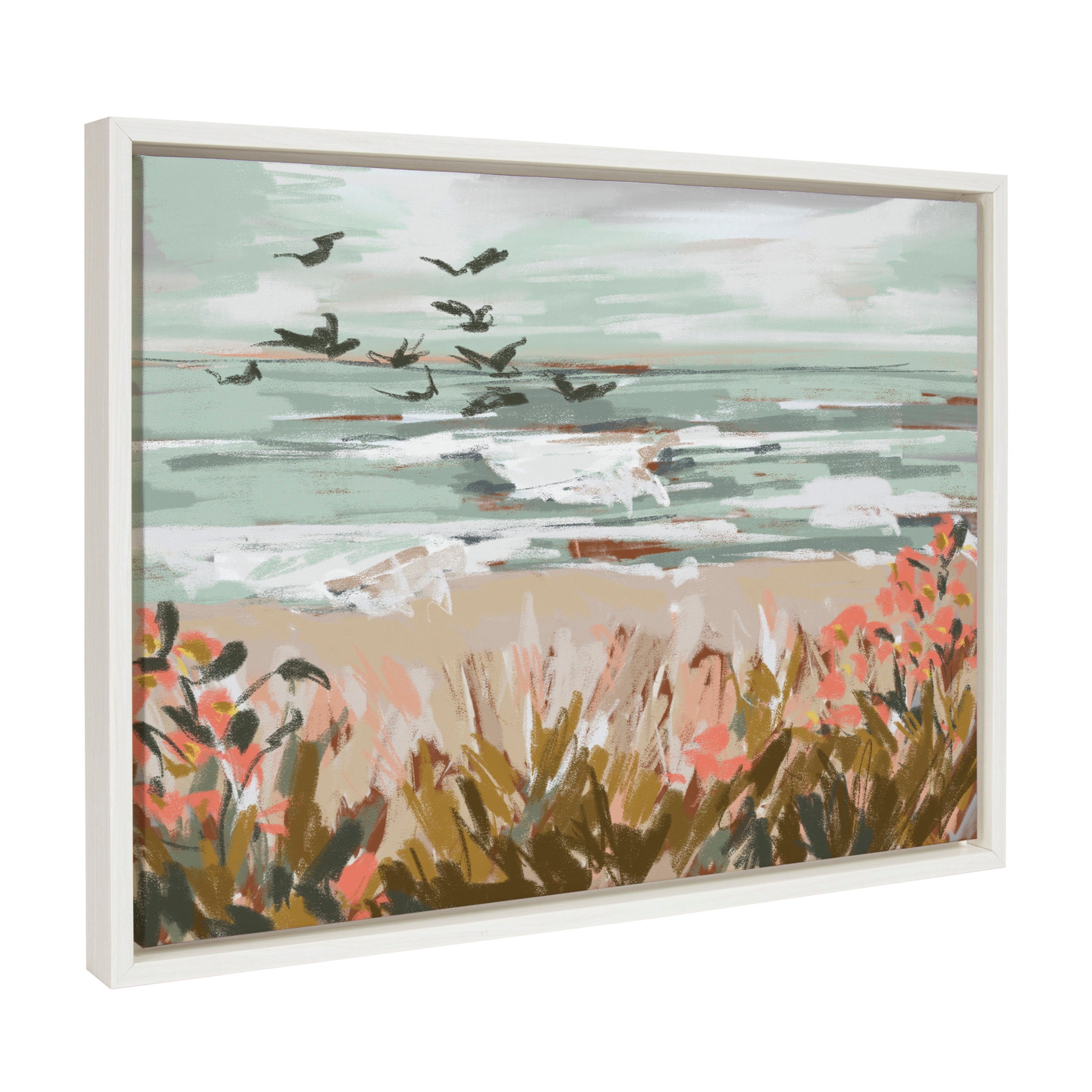 Framed canvas art of Sylvie Landscape 09 Beach by Annie Quigley showing a watercolor beach scene with light sand and ocean tones in a floating frame.