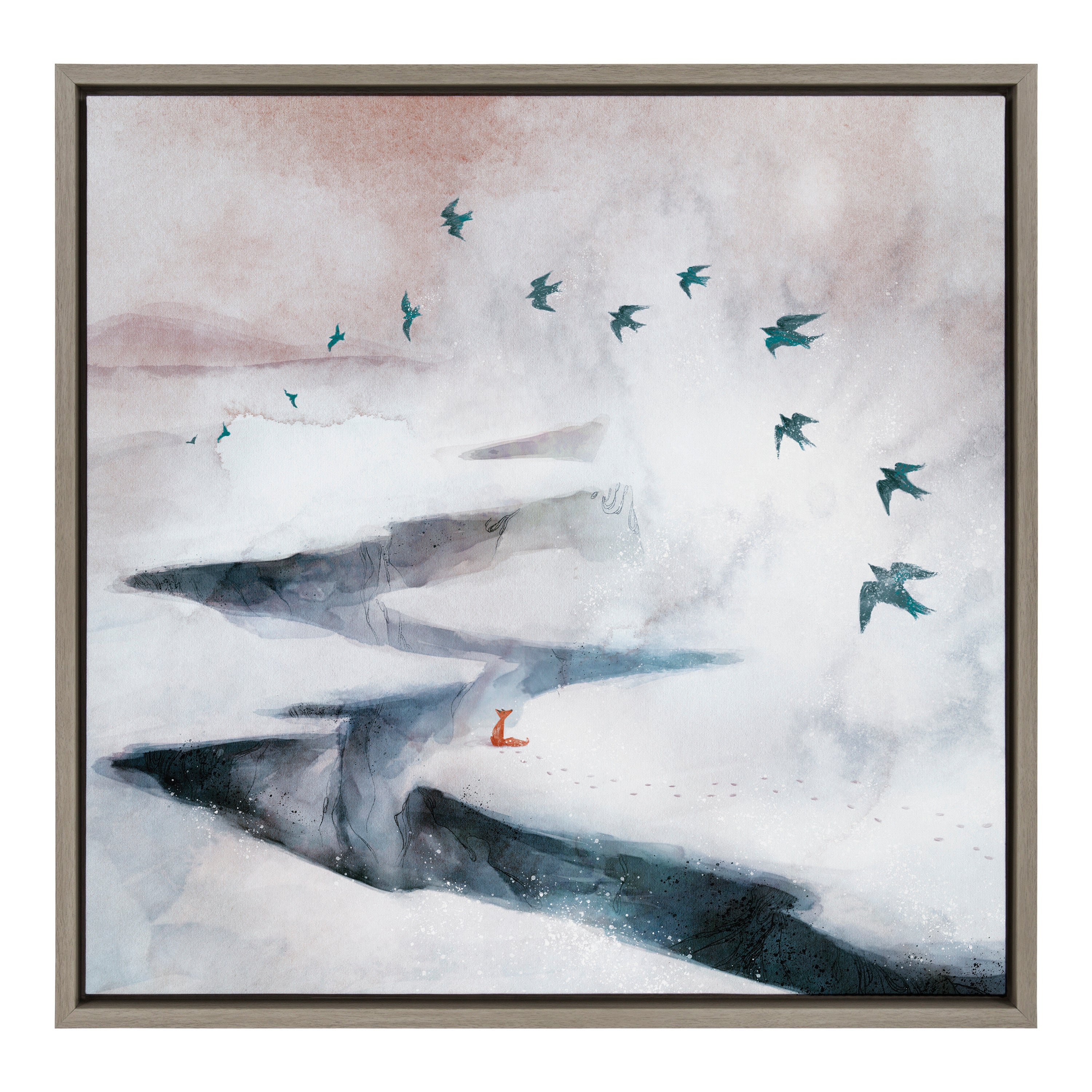 Sylvie Snow Day Fox and Birds Framed Canvas by Faryn Hughes
