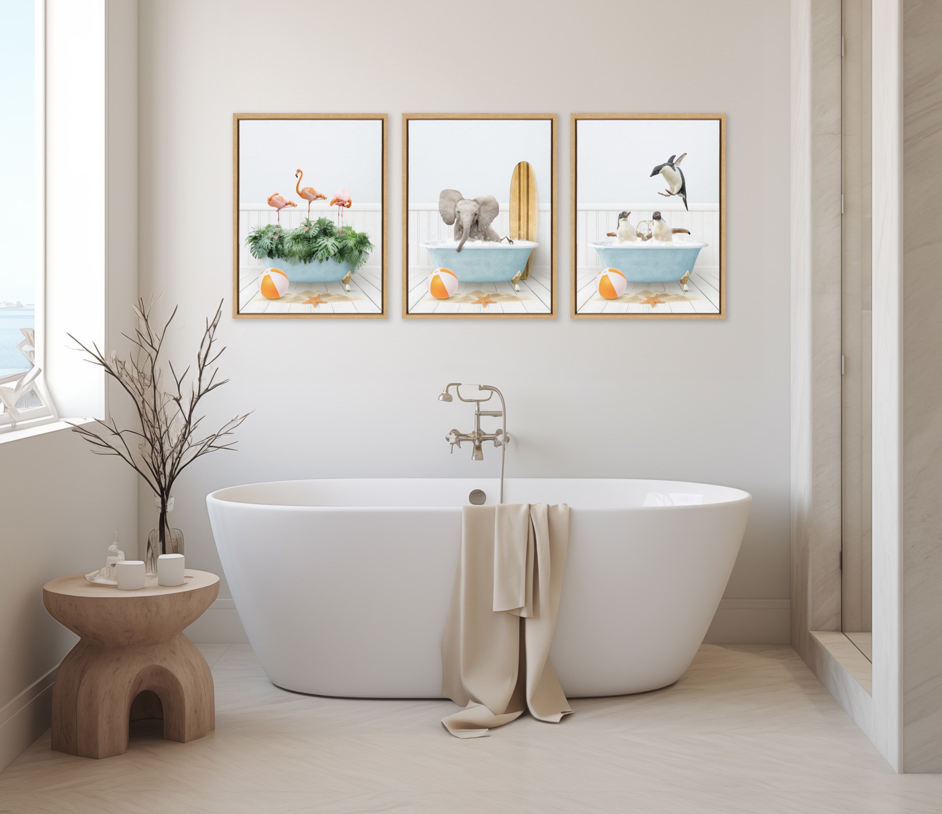 Sylvie Three Flamingos Beach House Bath Framed Canvas by Amy Peterson