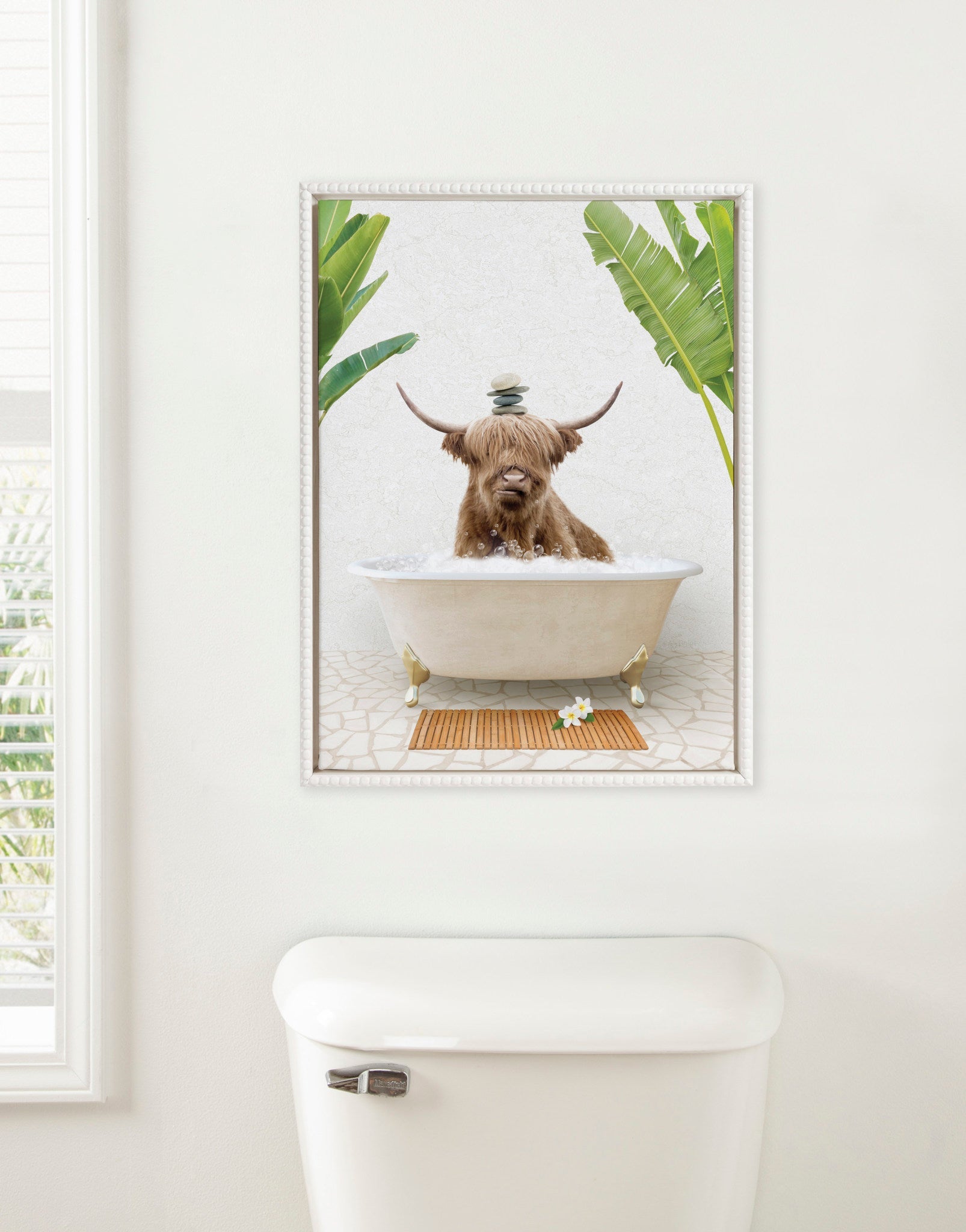 Sylvie Beaded Highland Cow and Stacked Rocks Bali Bath Framed Canvas by Amy Peterson