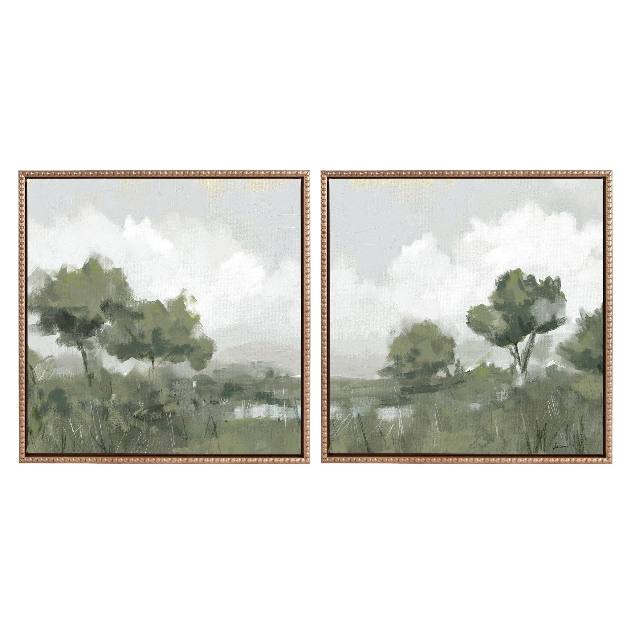 Sylvie Shades of Olive 1 and 2 framed canvas art set showing soft abstract olive trees in gold frames