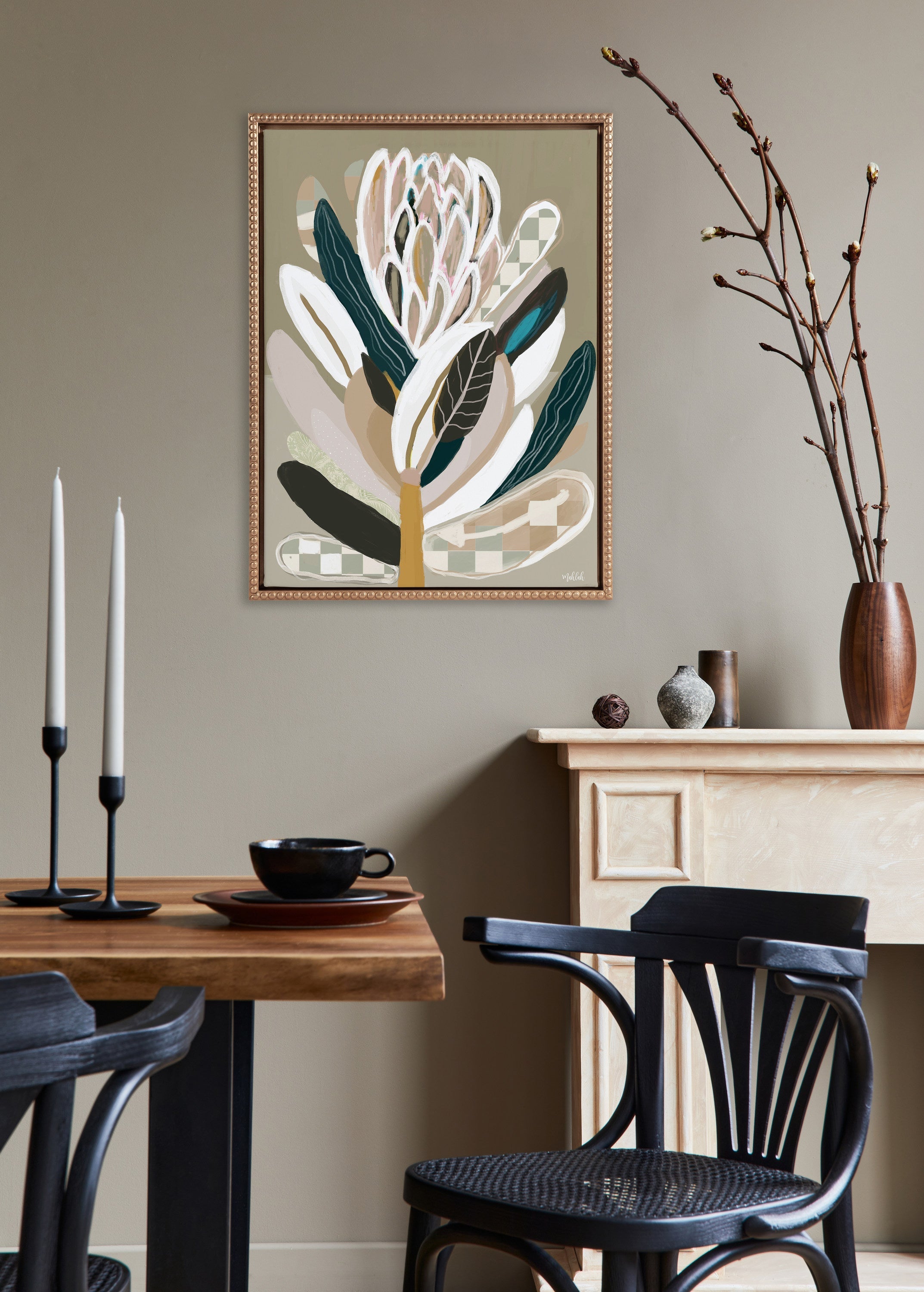 Sylvie Beaded Sage Protea Framed Canvas by Inkheart Designs