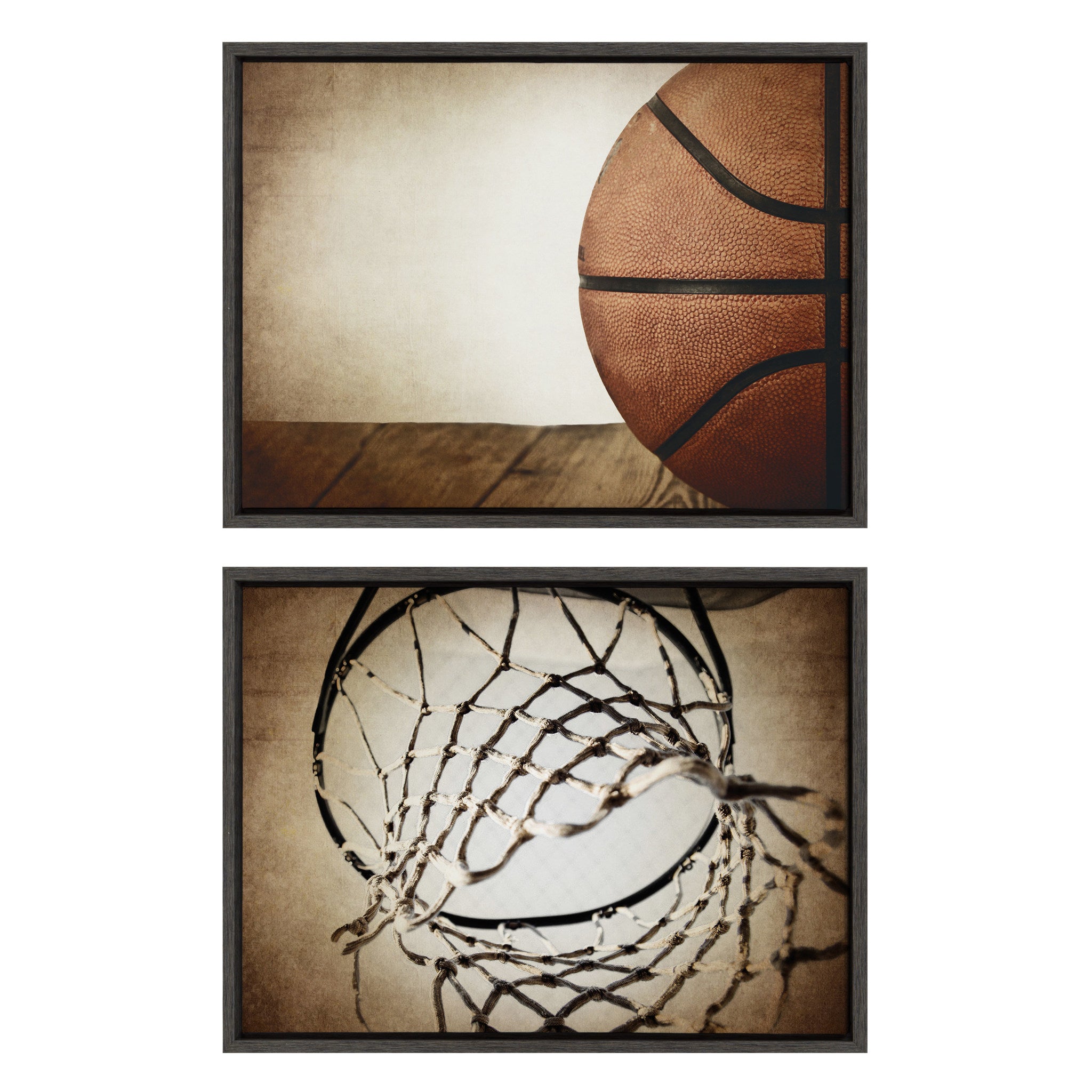 Two framed canvas artworks depicting vintage half basketball and vintage basketball net in dark gray frames.