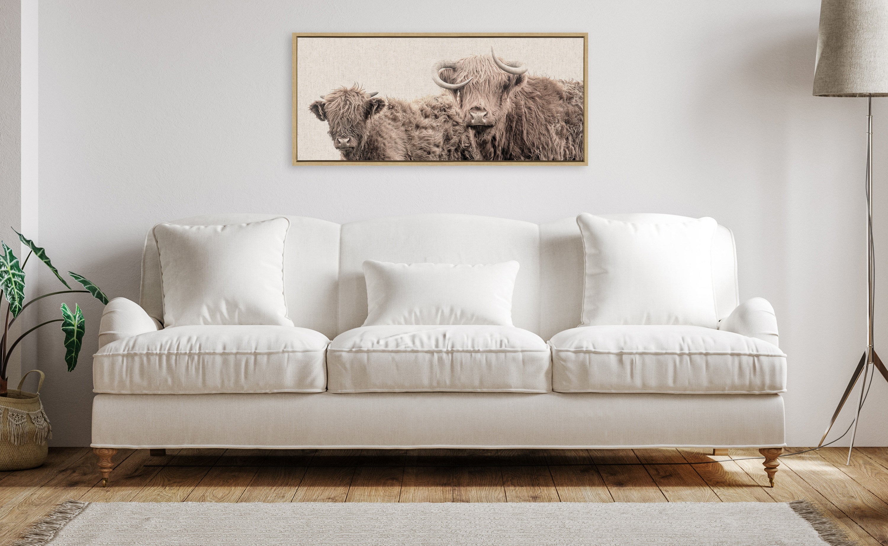 Sylvie Two Highland Cow Best Friends Color Neutral Linen Bright Framed Canvas