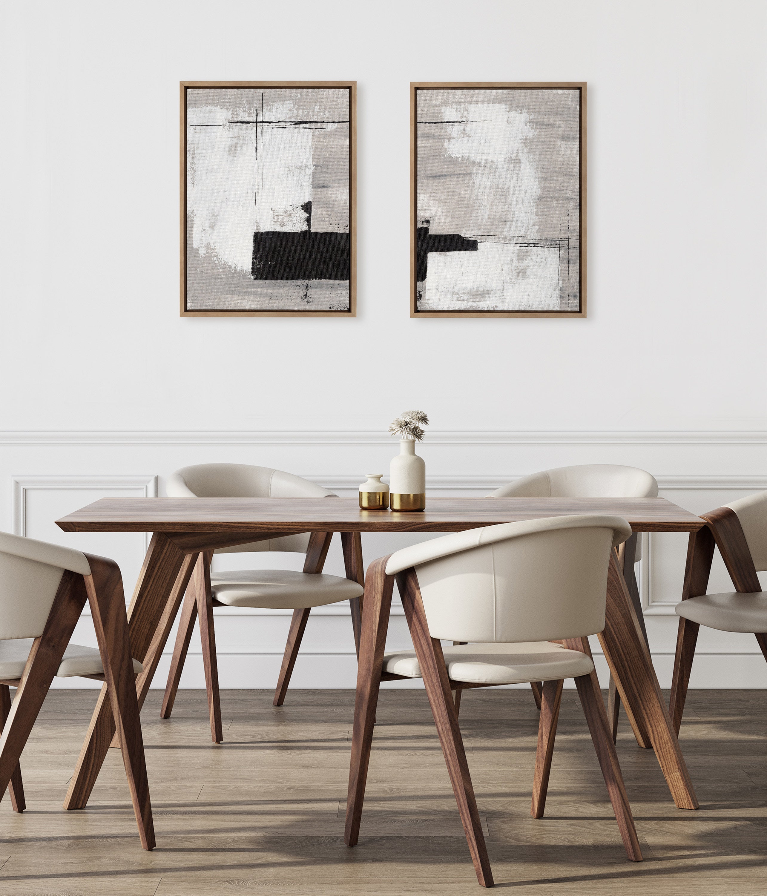 Sylvie Line 1 Left and Right Neutral Linen Framed Canvas Art Set by Nikita Jariwala