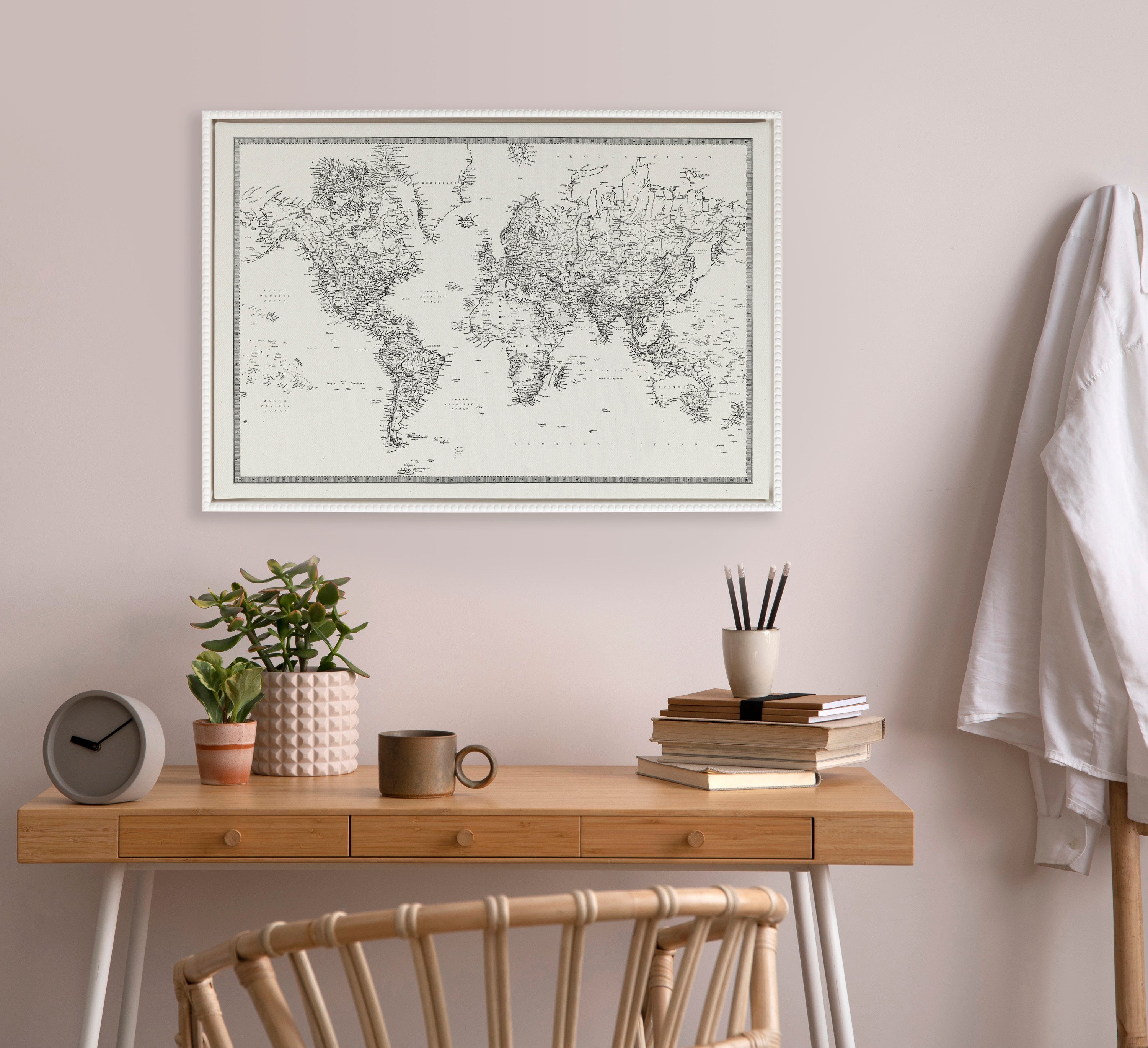 Sylvie Beaded Vintage Black and White World Map Framed Canvas by The Creative Bunch Studio