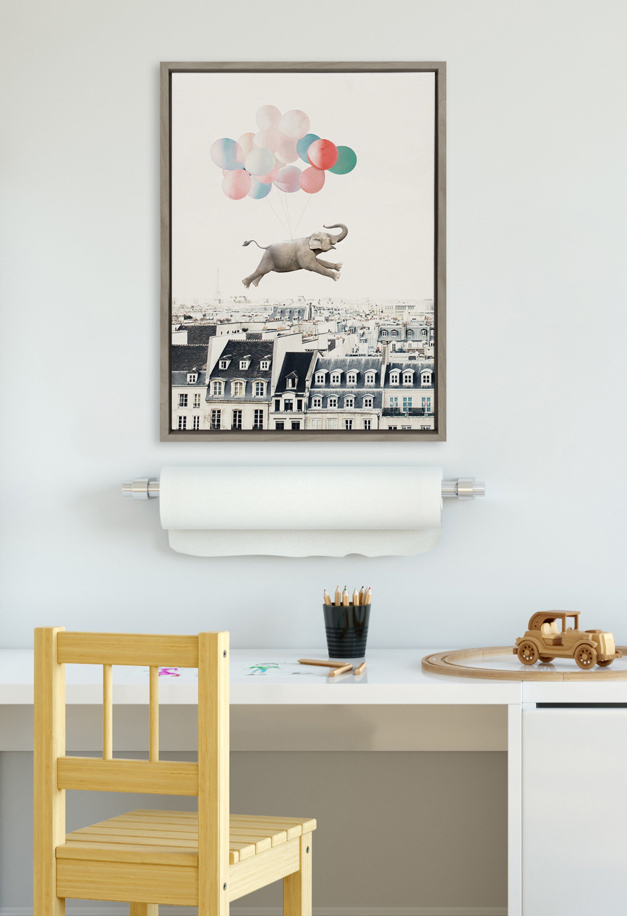 Sylvie Happy Elephant in Paris Framed Canvas by July Art Prints