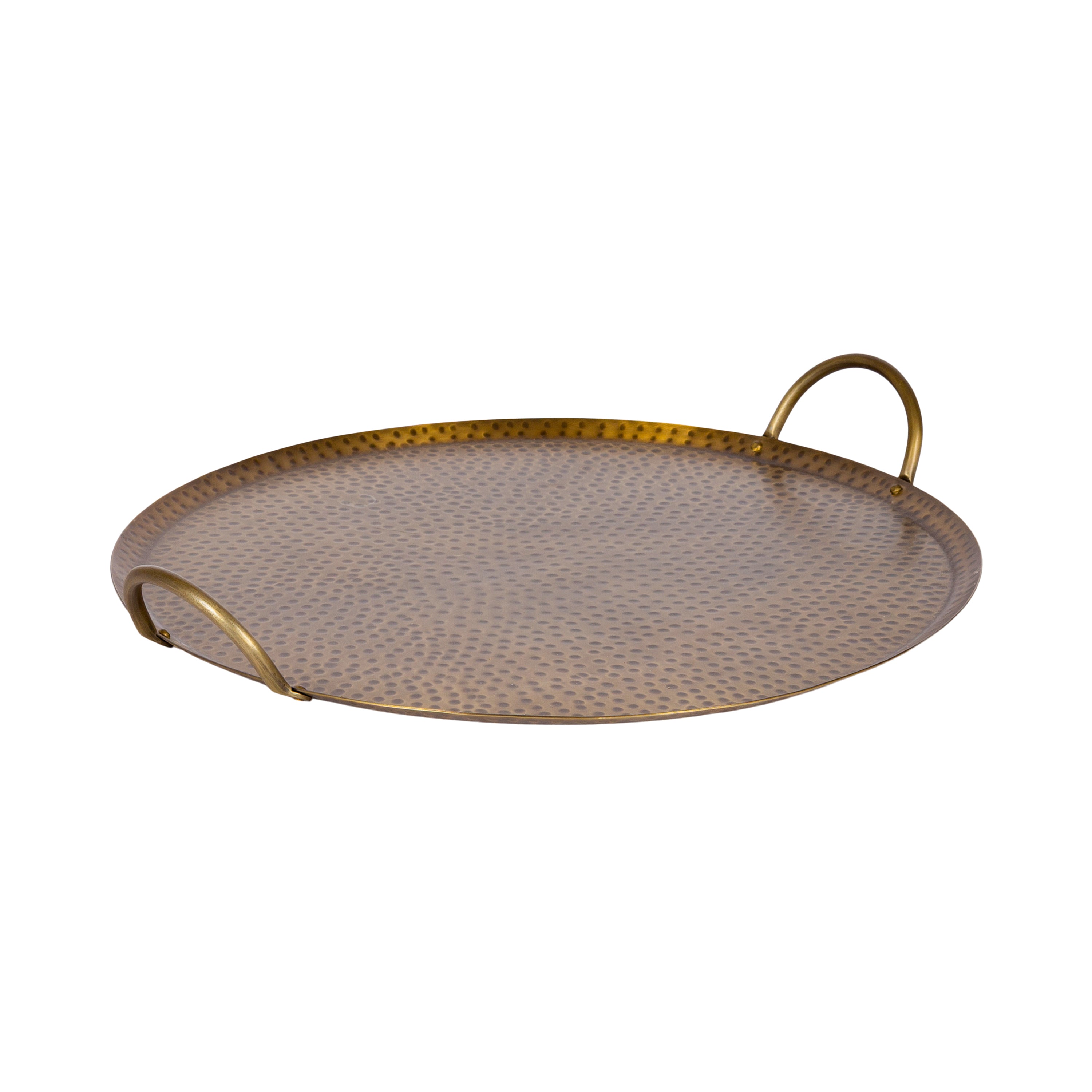 Sanzo Hammered Round Metal Tray with hammered texture and subtle handles on a surface