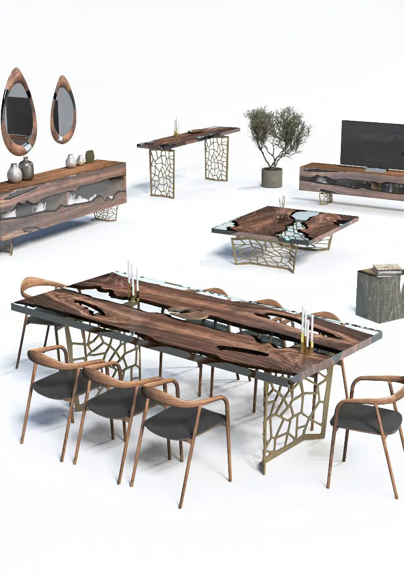 Resin Walnut River Dining Room Table with Voronoi epoxy resin river and laser-cut metal legs