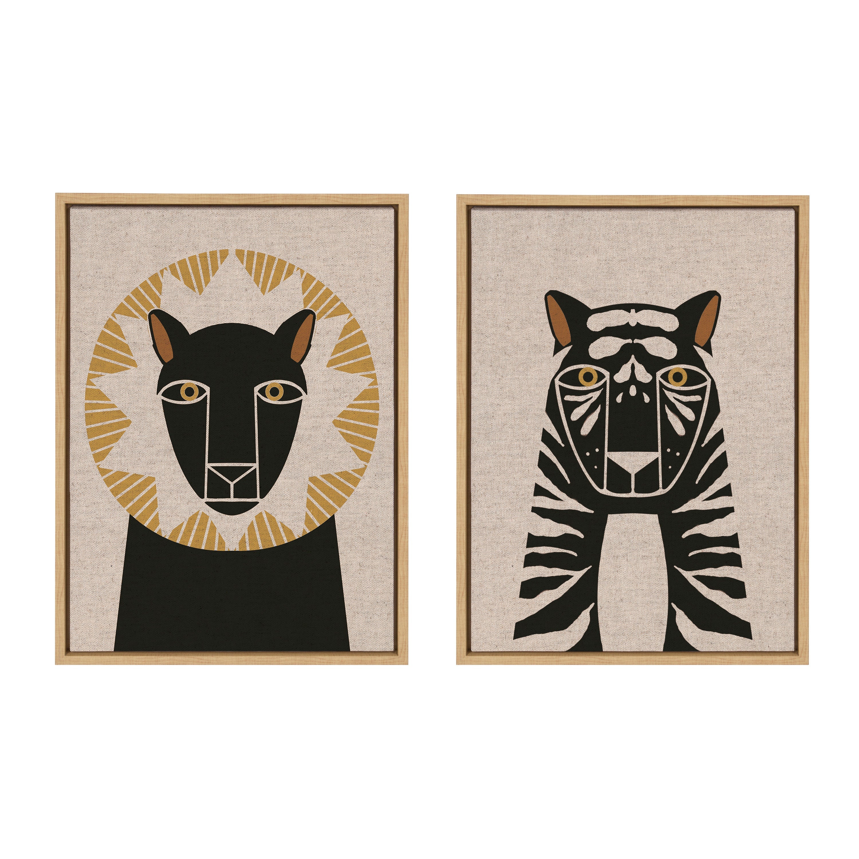 Sylvie Lion Profile Neutral Linen and Tiger Profile Neutral Linen Framed Canvas Art Set by Hannah Beisang