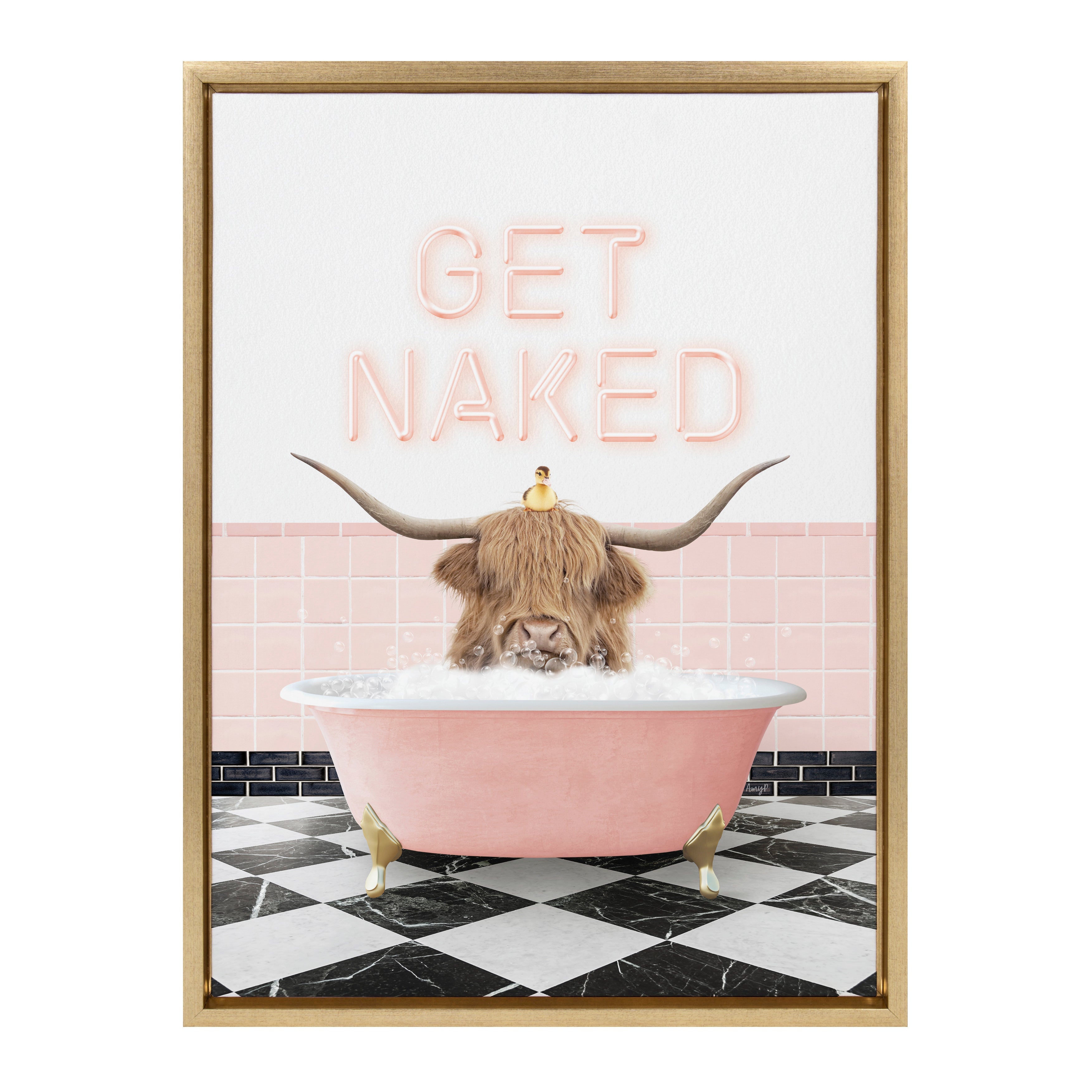 Sylvie Highland Cow Randal Neon Sign Bath Framed Canvas by Amy Peterson
