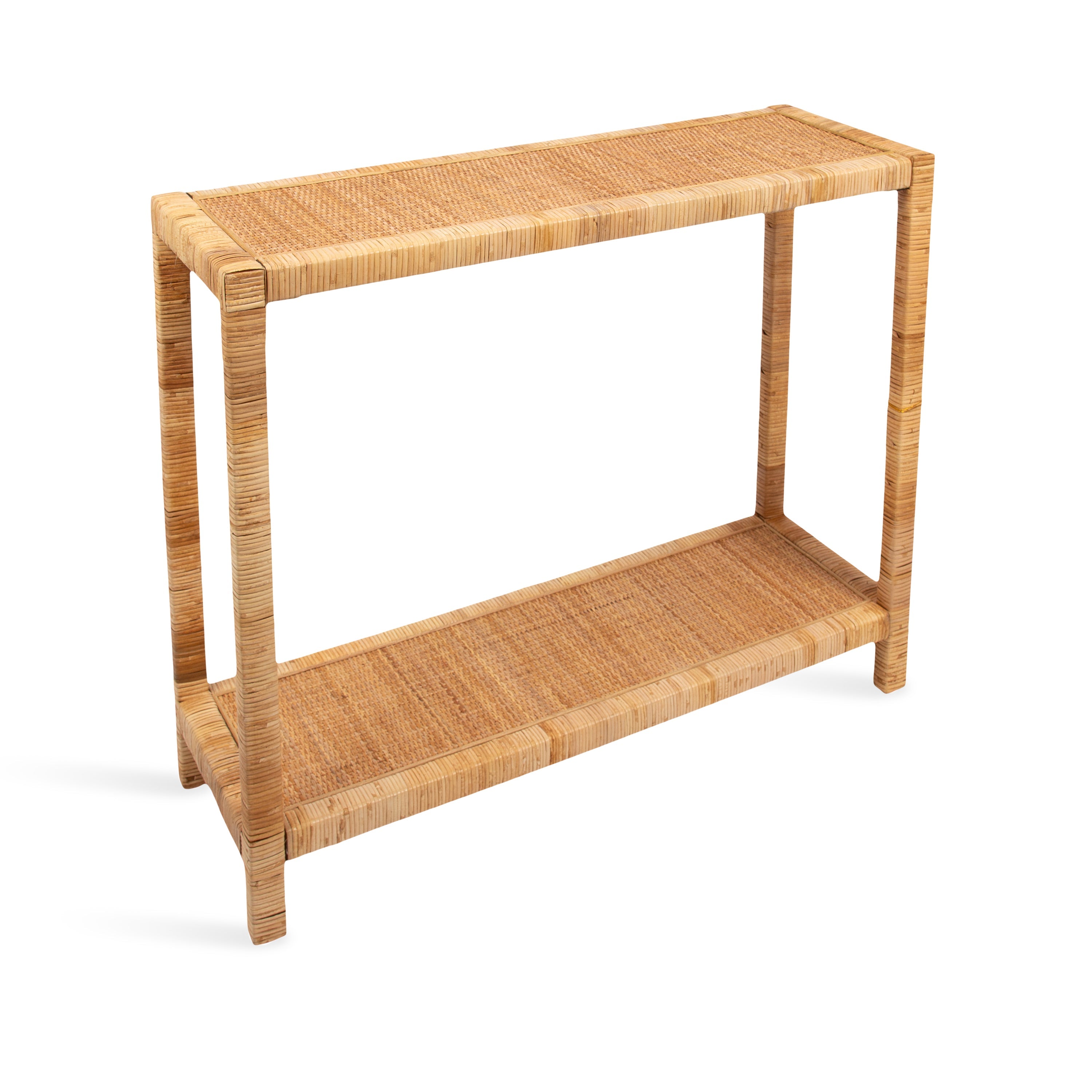 Rafina Rattan Console Table with woven rattan tiers and wrapped rattan legs in a natural finish