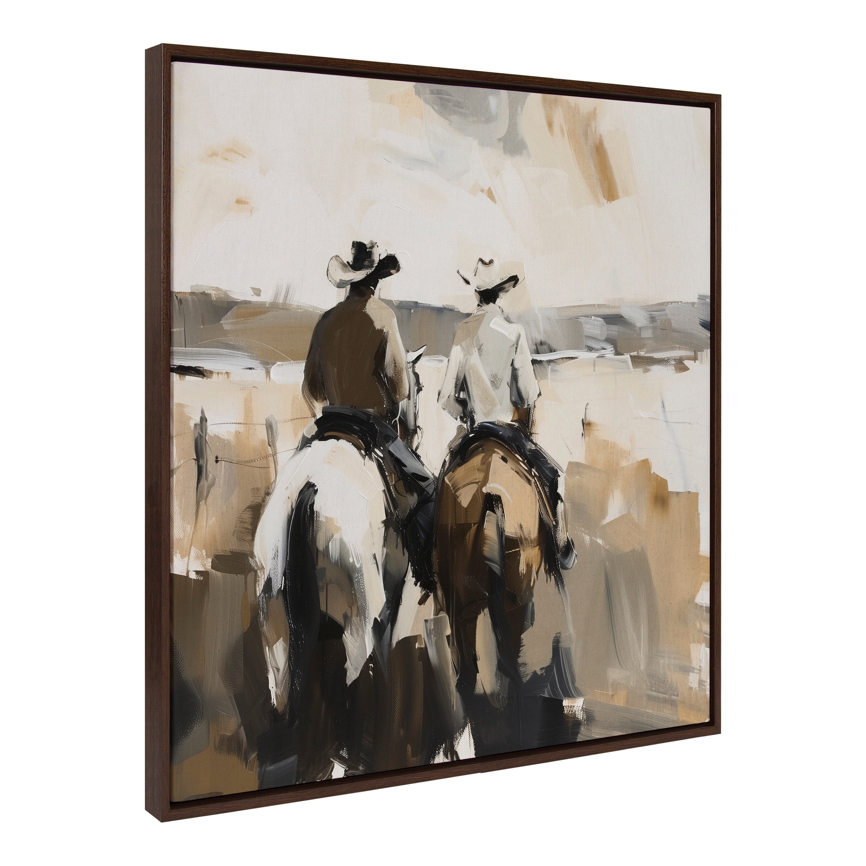 Abstract artwork of a cowboy on horseback in neutral tones, framed floating canvas