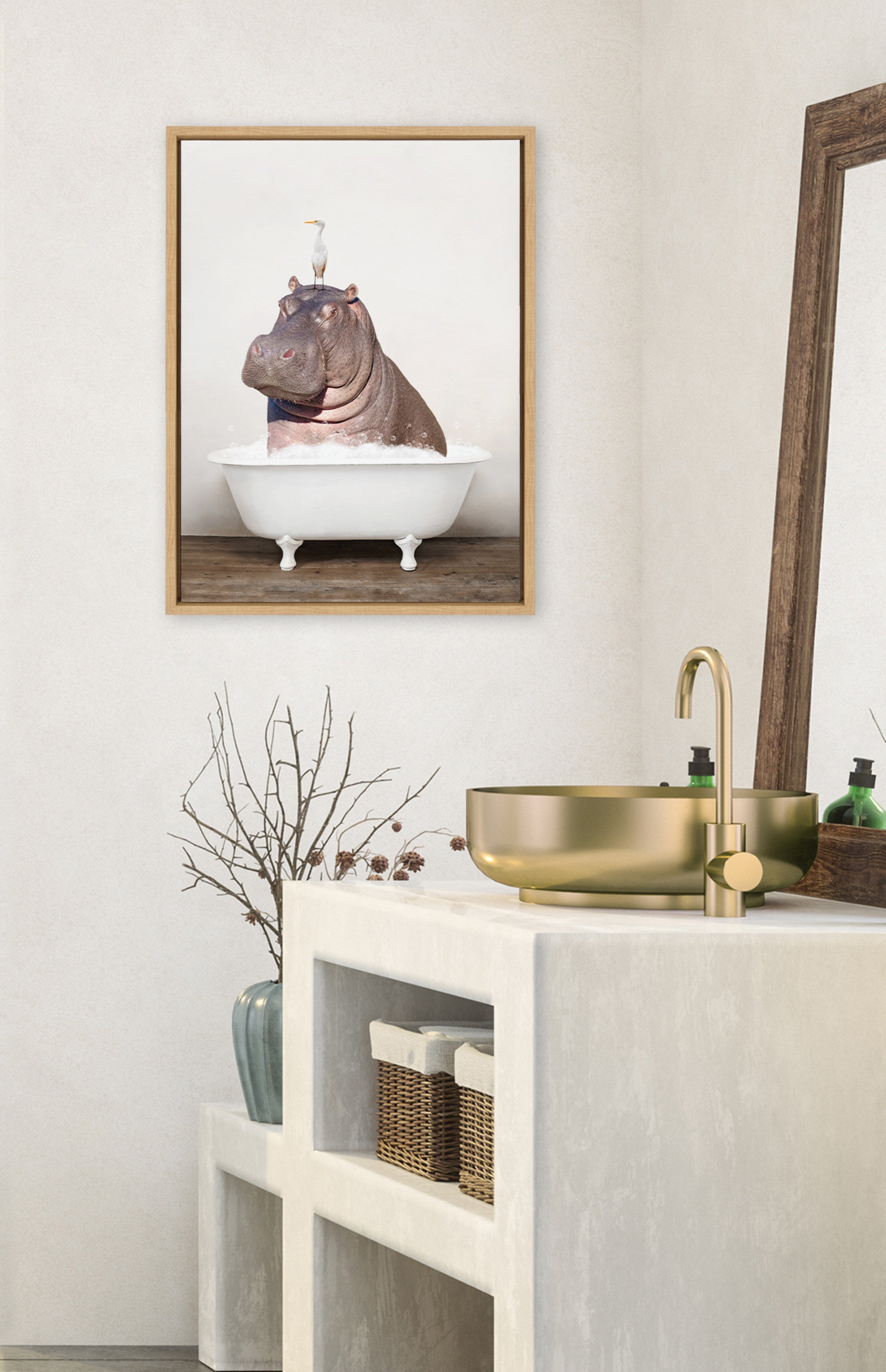 Sylvie Hippo and Bird in Rustic Bath Framed Canvas by kateandlaurel - product image 10 for Resin Society