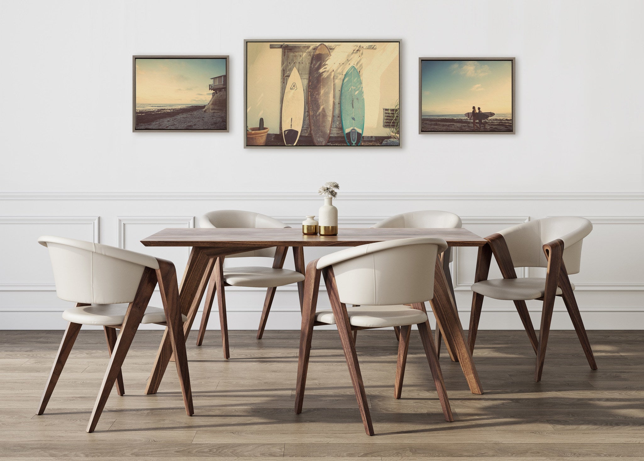 Sylvie House on Beach, Surfboards and Surfers Framed Canvas Art Set by Saint and Sailor Studios