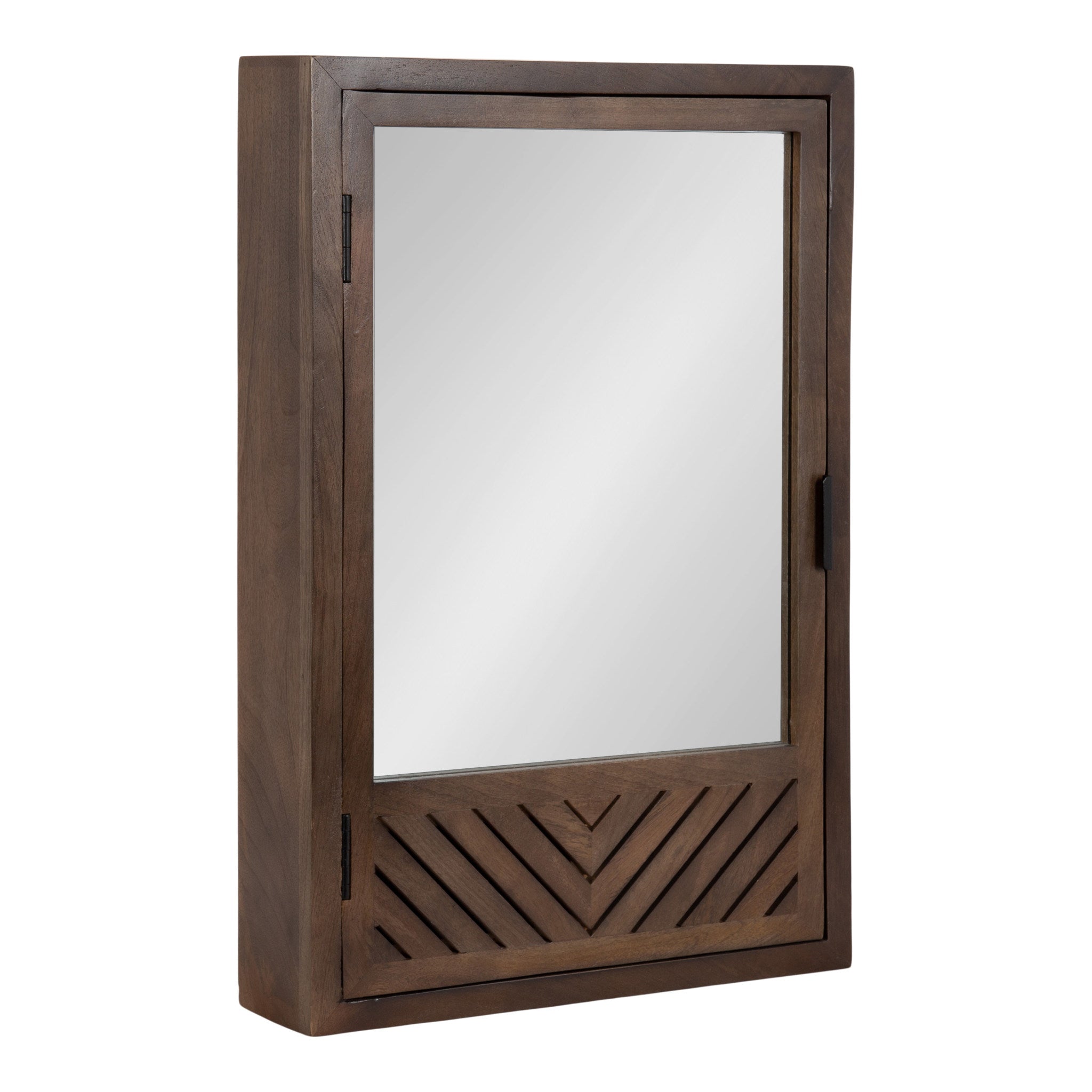 Mezzeta Bathroom Cabinet with Mirror showing brown wood finish, slatted chevron pattern, and mirrored door mounted on bathroom wall