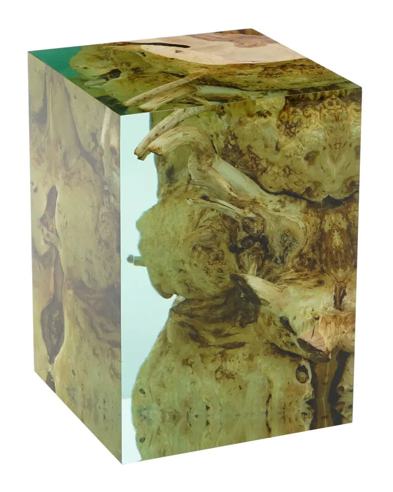 Handcrafted Resin Cube Side Table with epoxy wood finish in modern living room