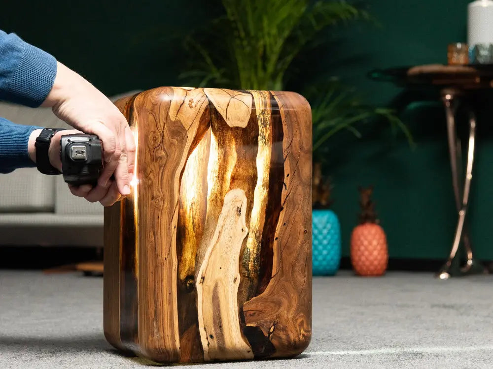 Handcrafted Resin Cube Side Table with epoxy wood finish in modern living room