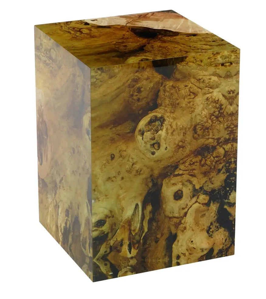 Handcrafted Resin Cube Side Table with epoxy wood finish in modern living room