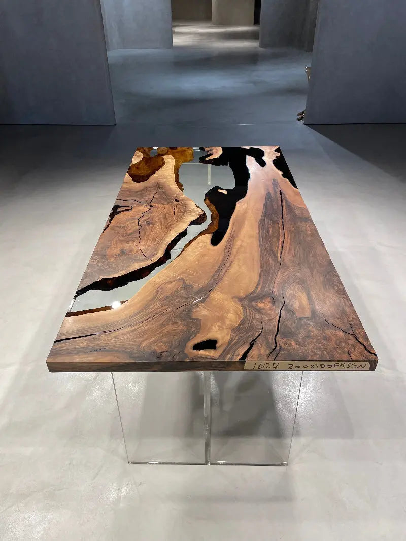 Resin Walnut River Dining Room Table with Voronoi epoxy resin river and laser-cut metal legs