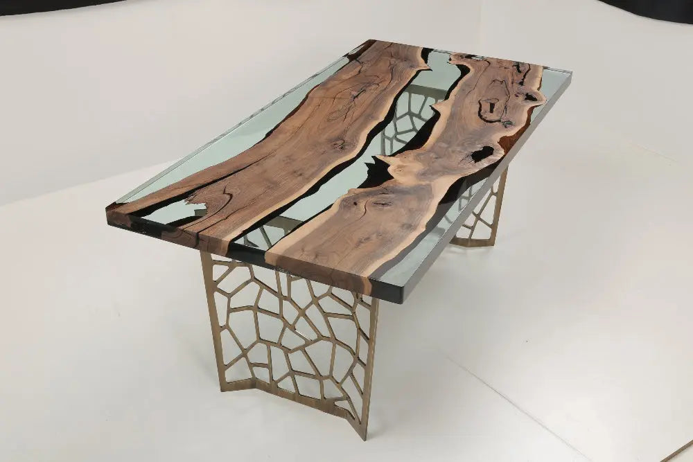 Resin Walnut River Dining Room Table with Voronoi epoxy resin river and laser-cut metal legs