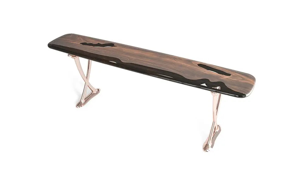 Handcrafted resin console table with walnut wood and epoxy resin top, featuring rose gold aluminum legs from Osso Collection