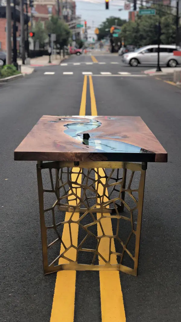 Resin Walnut River Dining Room Table with Voronoi epoxy resin river and laser-cut metal legs
