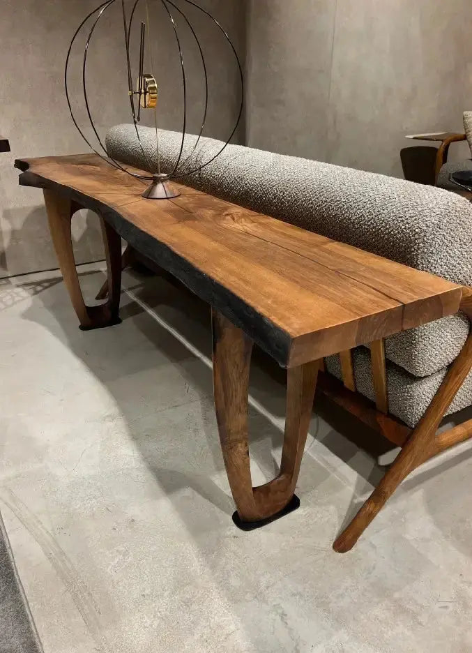 Rustic Walnut Console Table with live edge and handcrafted curved wooden legs