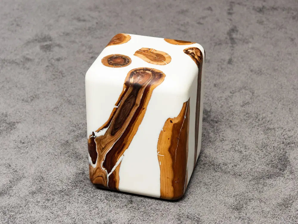 Handcrafted Resin Cube Side Table with epoxy wood finish in modern living room