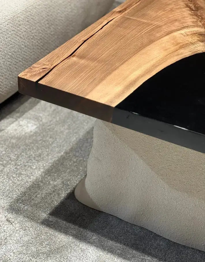 Handcrafted epoxy resin walnut coffee table with stone-inspired wooden legs