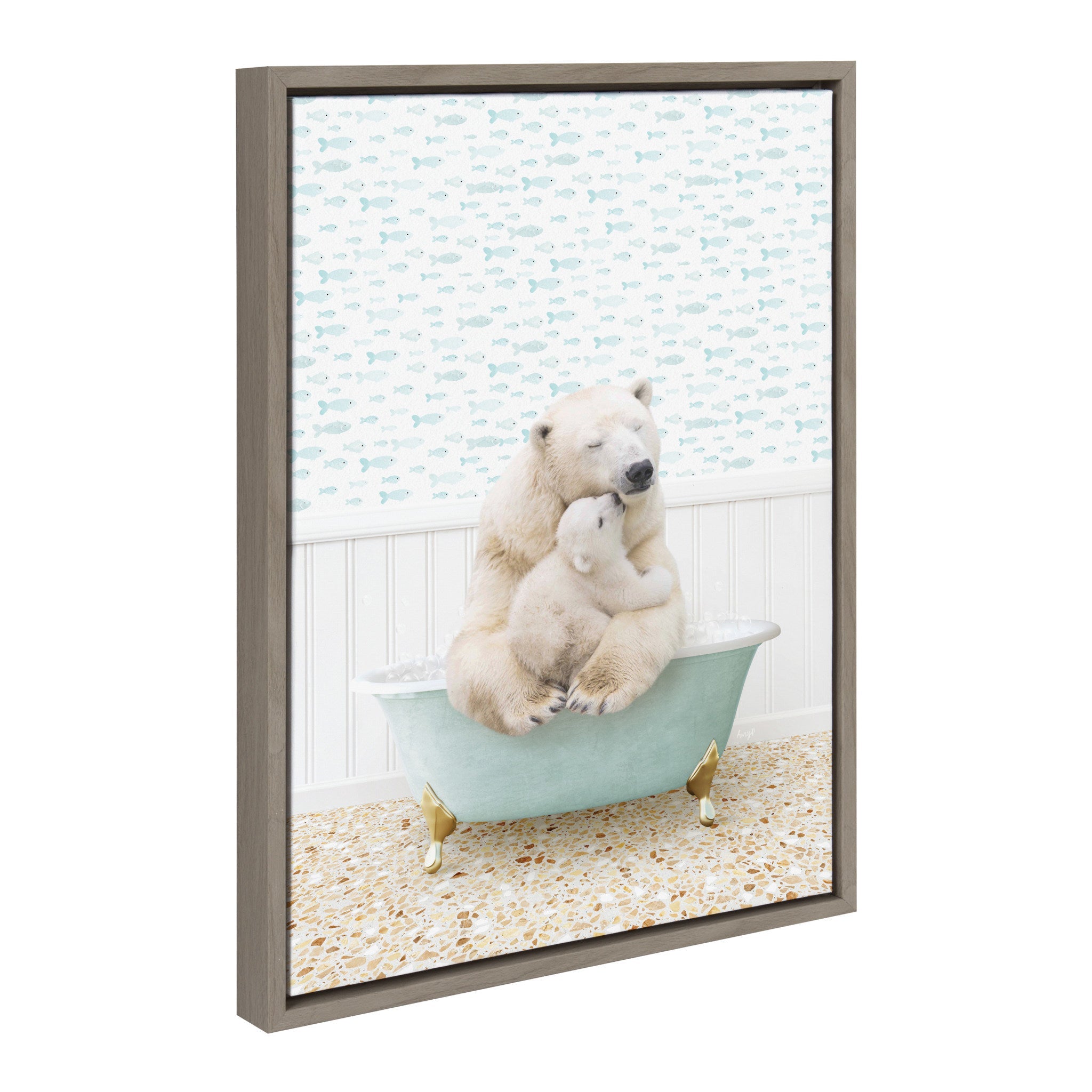 Framed floating canvas art showing a mother and baby polar bear bathing in a little fish-themed tub