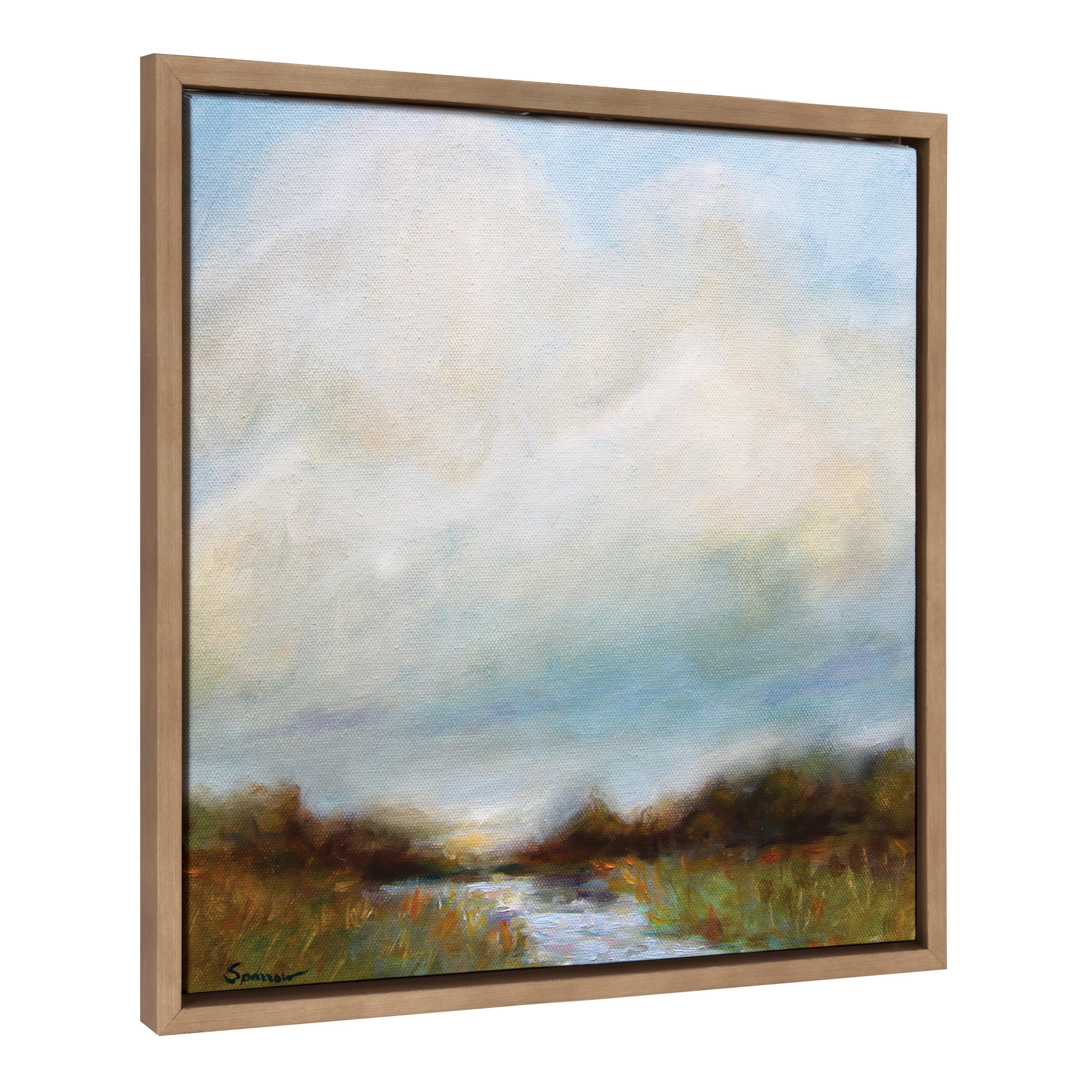 Sylvie Tranquility framed canvas art showing a serene landscape inside a gold modern frame.